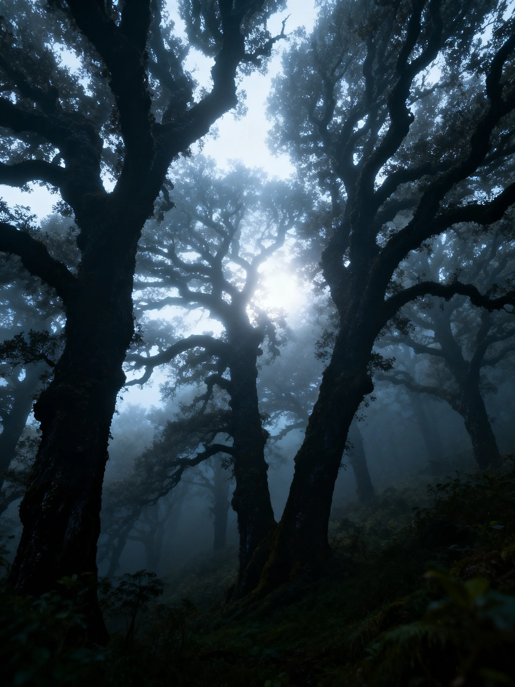 Misty Forest with Towering Ancient Trees and Faint Sunlight