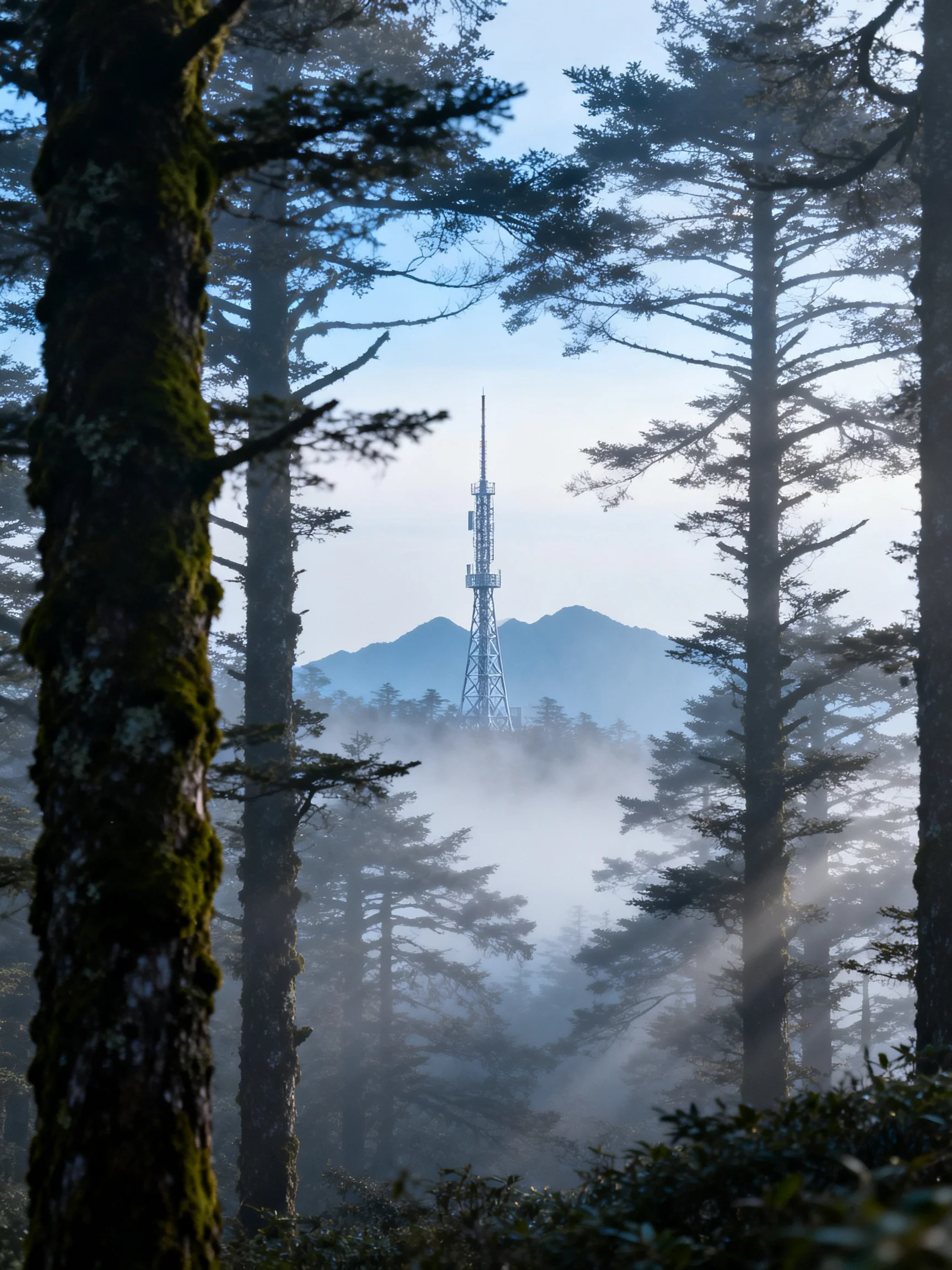 Misty Forest with Towering Trees and a Communication Tower