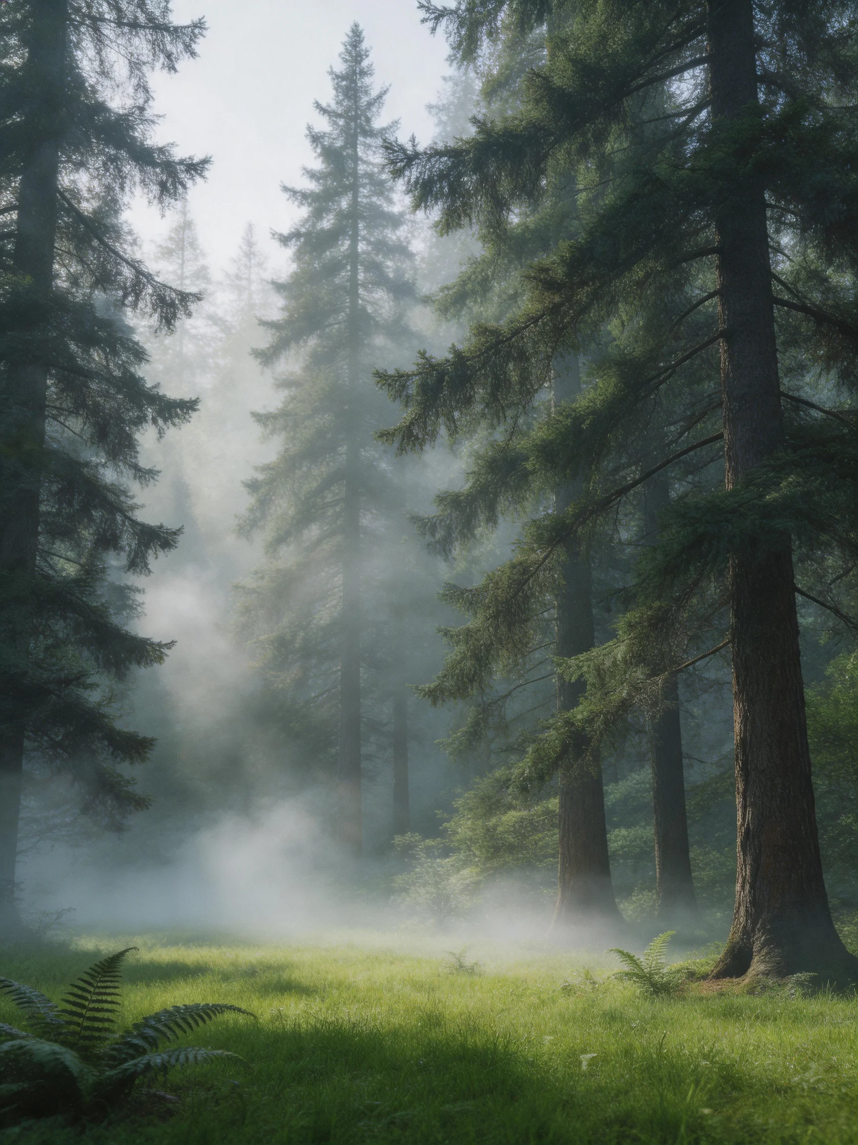 Misty Forest withTall Evergreens and Lush Greenery