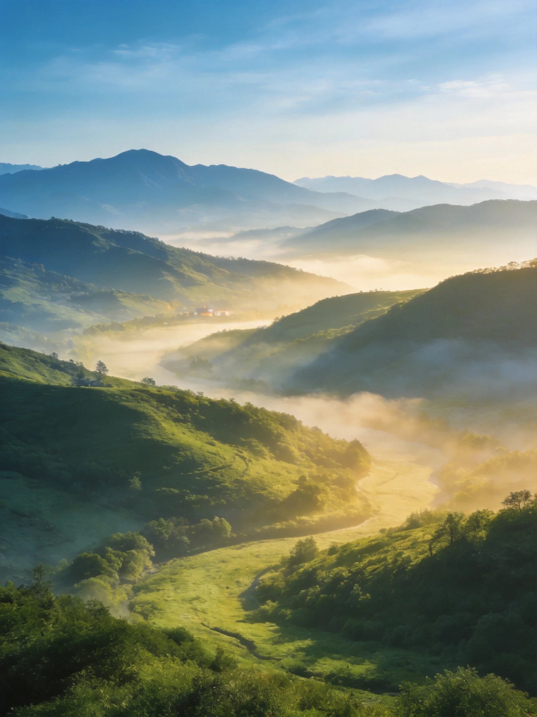 Misty Green Hills and Sunlit Mountain Valleys