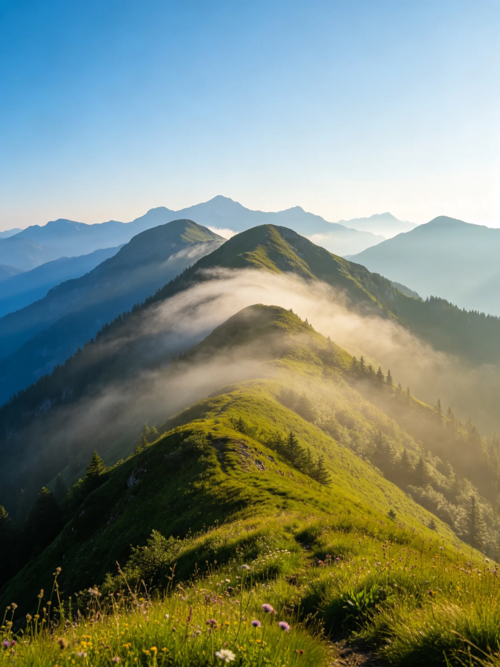 Misty Green Mountain Peaks With Layered Ranges Under Bright Blue Sky
