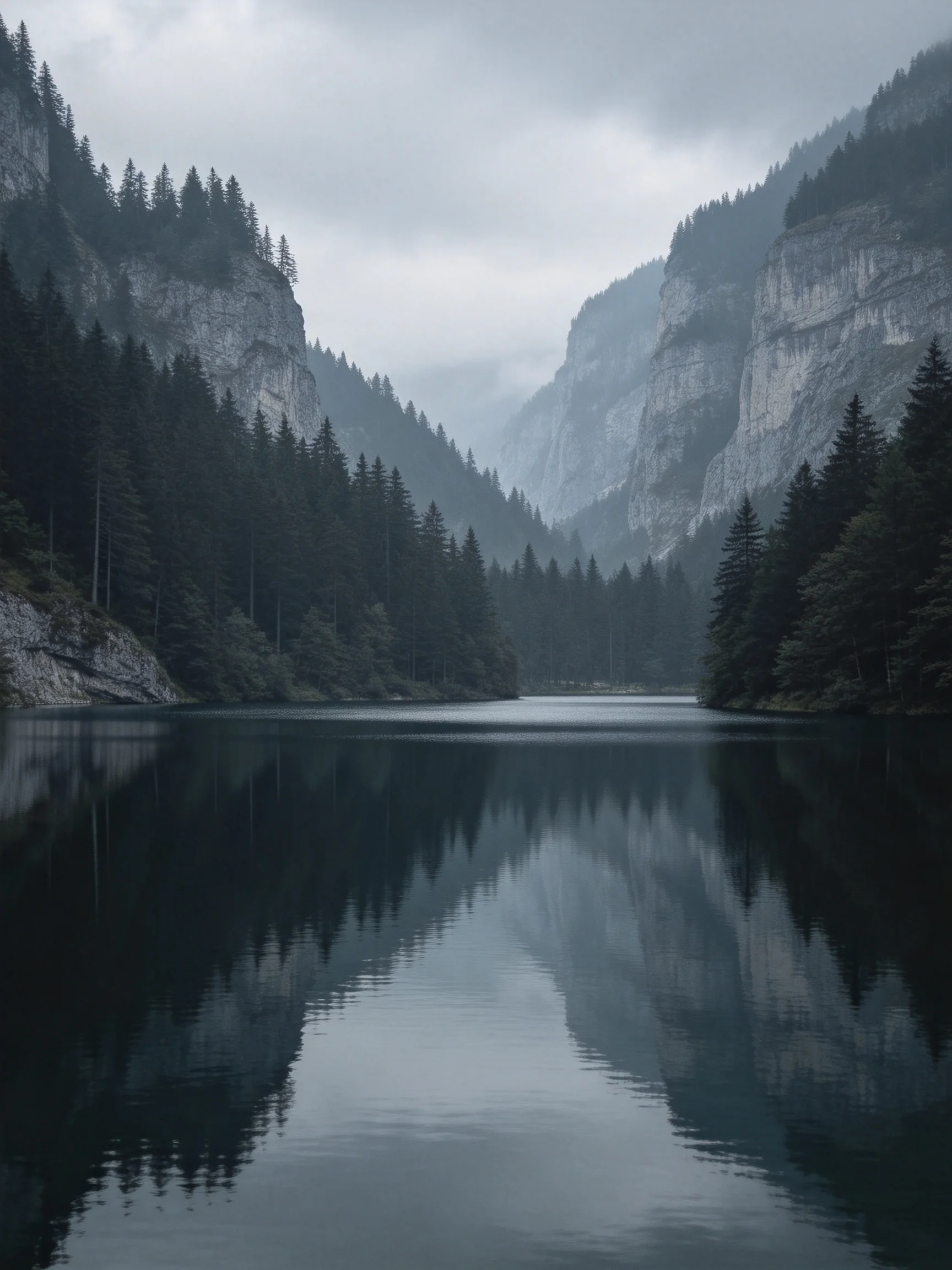 Misty Lake Flanked by Steep Cliffs and Dense Forests