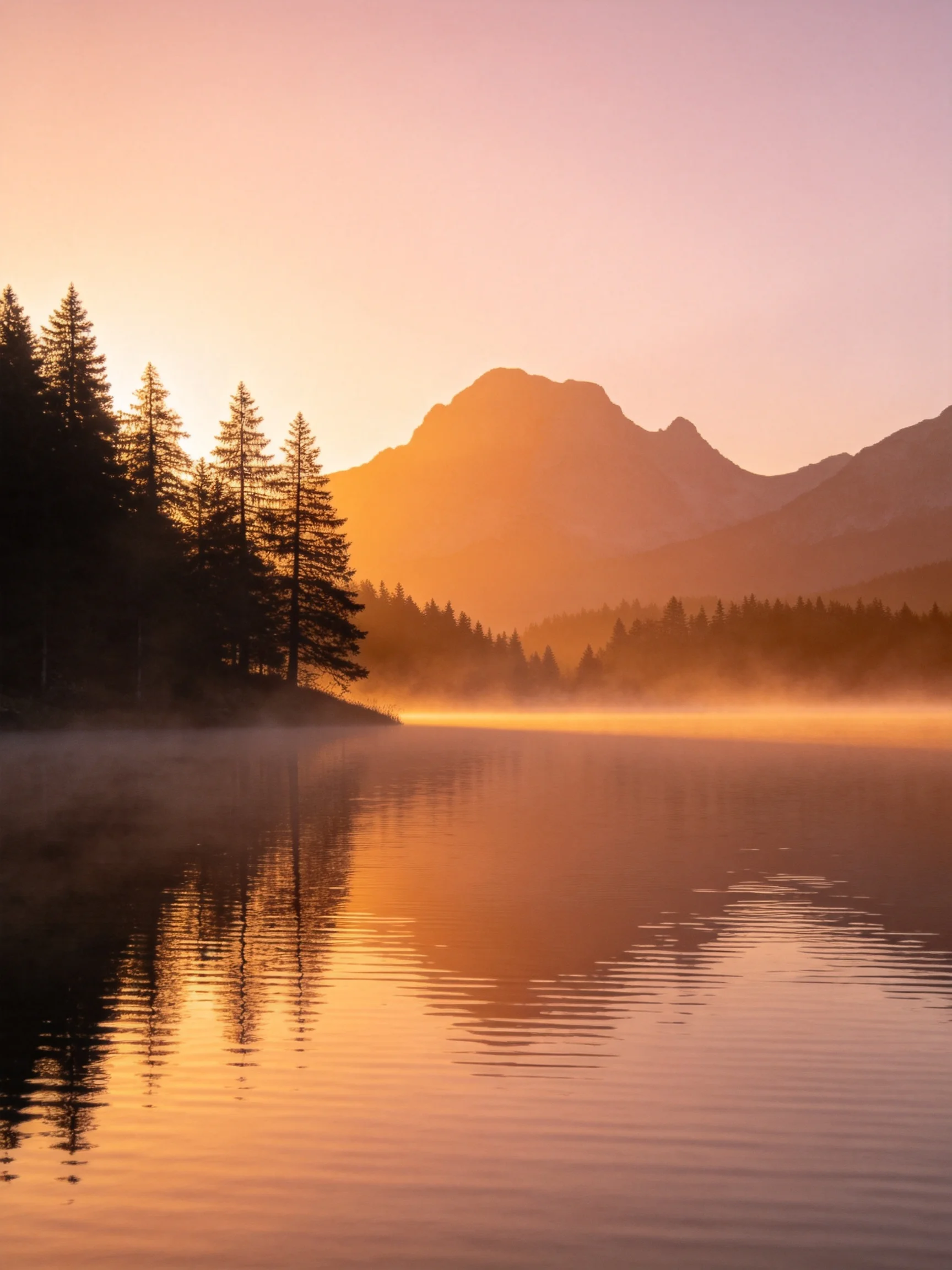 Misty Lake Reflects Golden Sunrise Among Forested Peaks