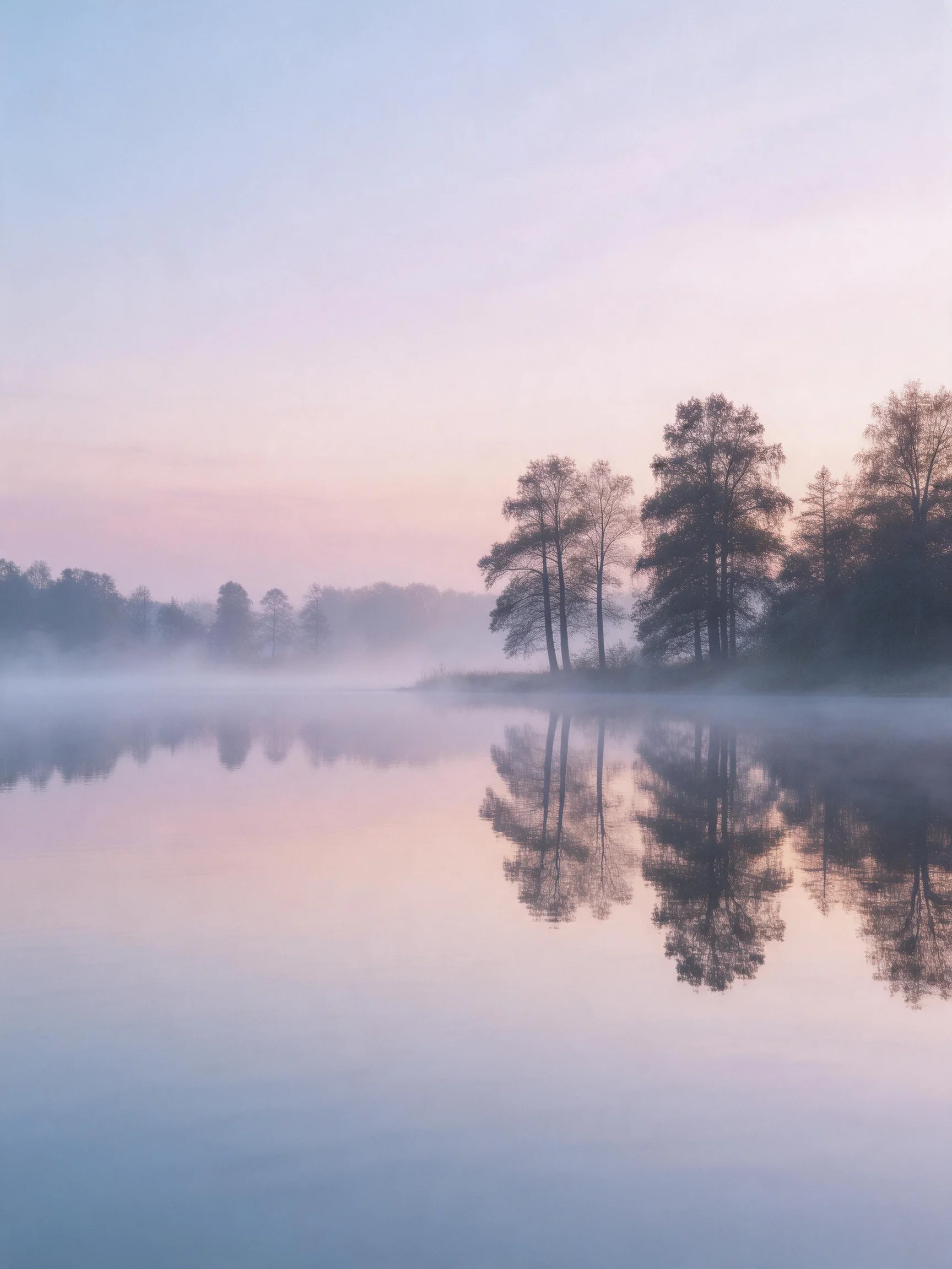 Misty Lake Reflects Tall Trees Under Soft Pastel Sky