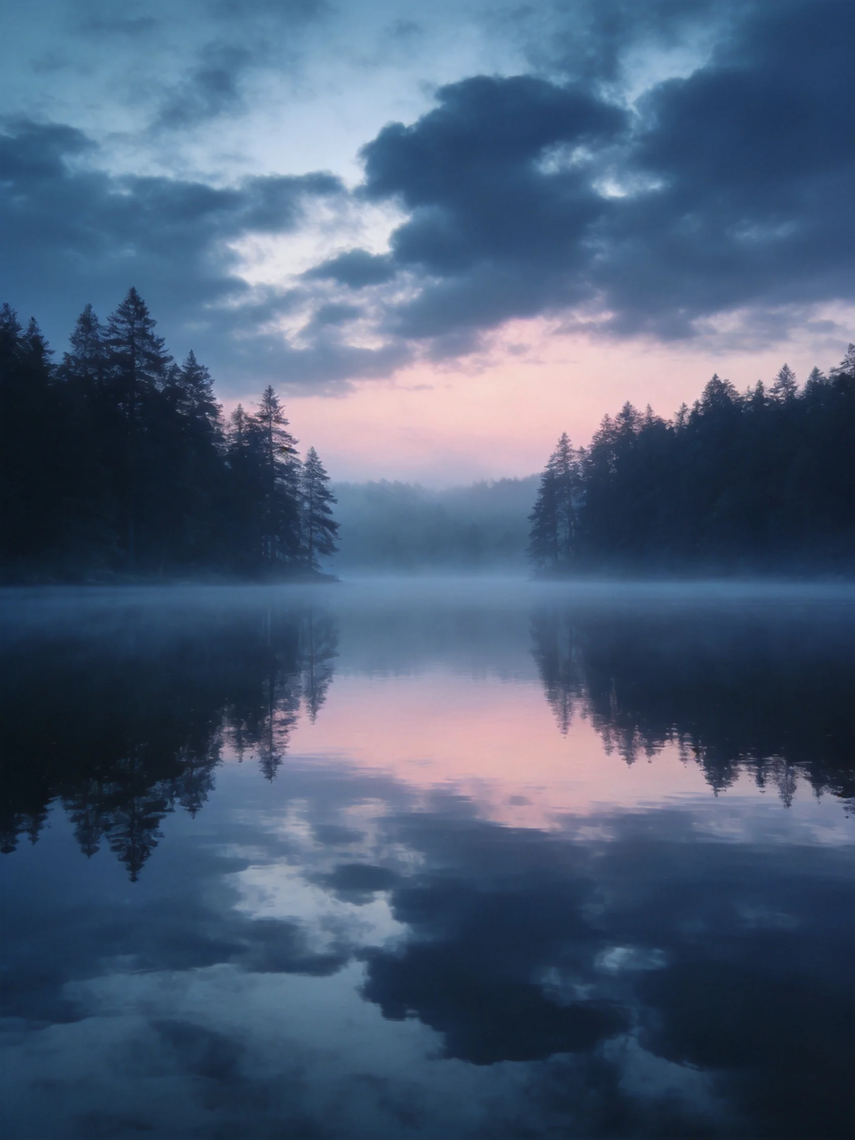 Misty Lake Reflects Twilight Sky and Forest Silhouettes
