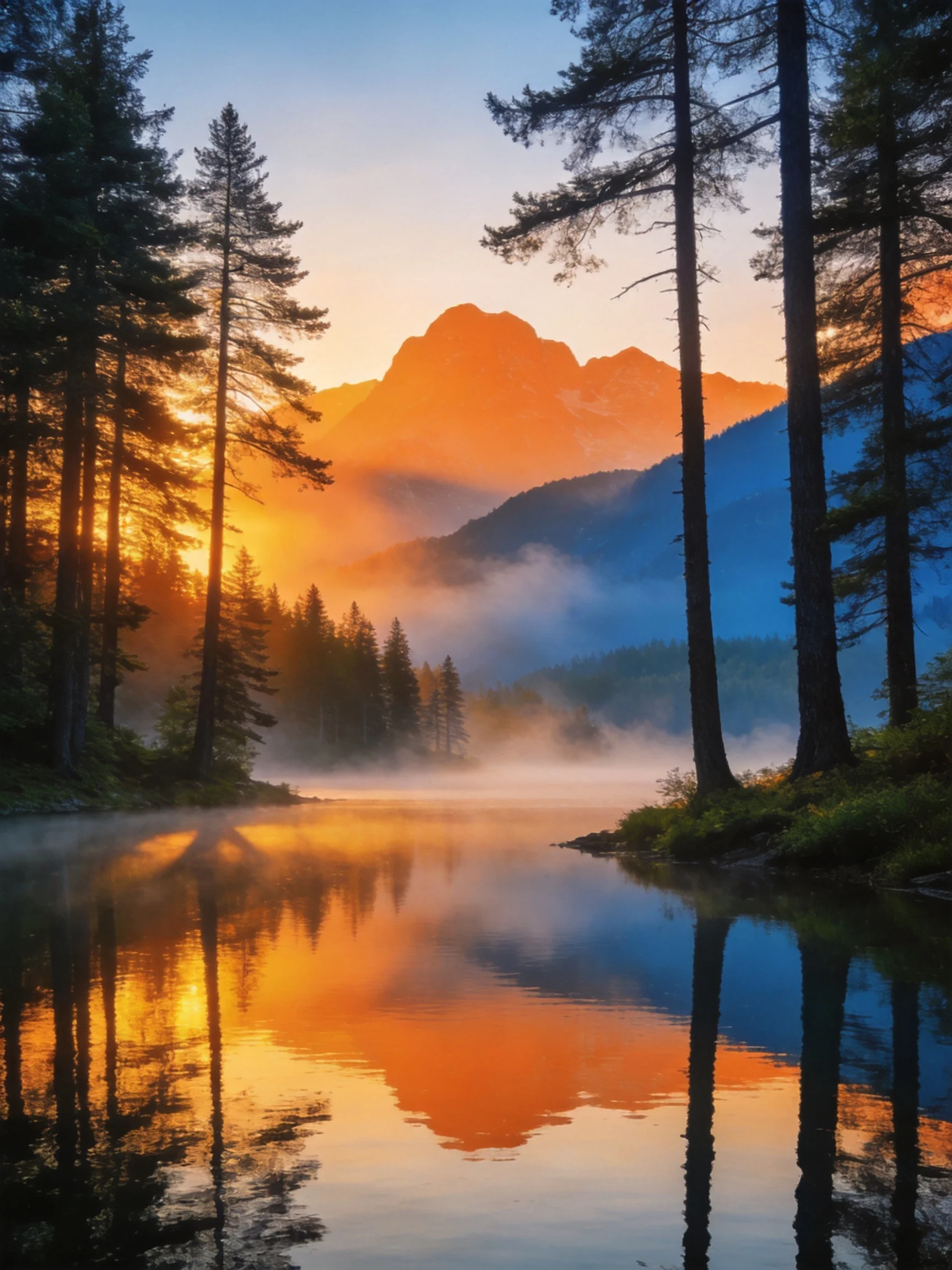 Misty Lake Reflects Vibrant Mountain Sunrise Among Tall Pines