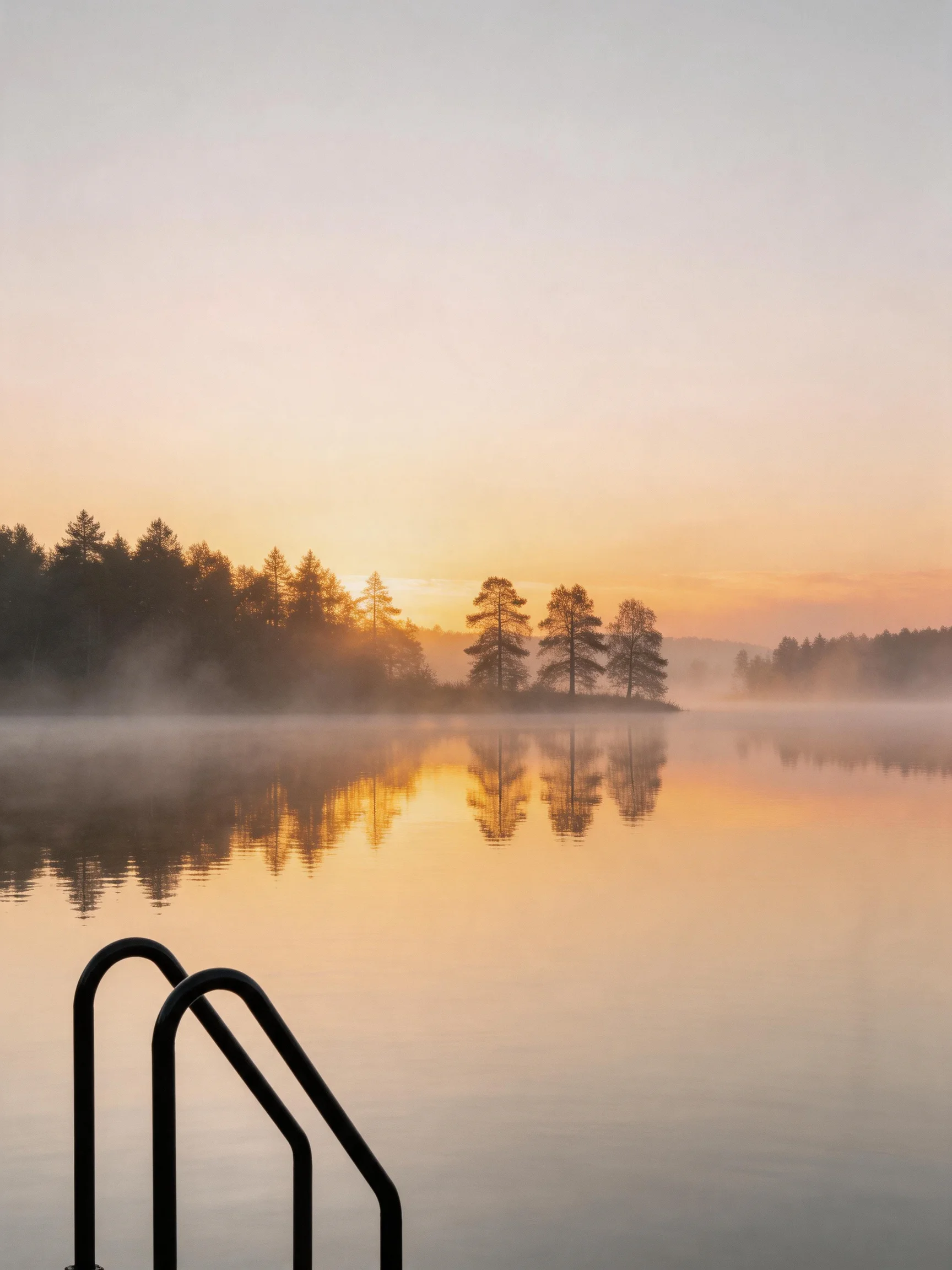 Misty Lake at Dawn with Silhouetted Trees and Golden Reflection