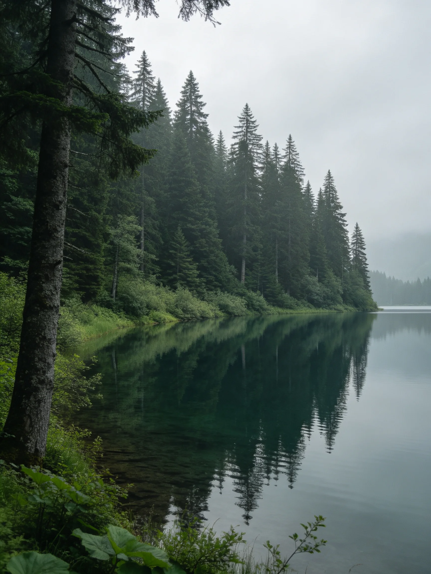 Misty Lake with Dense Evergreen Forest Bordering Calm Waters