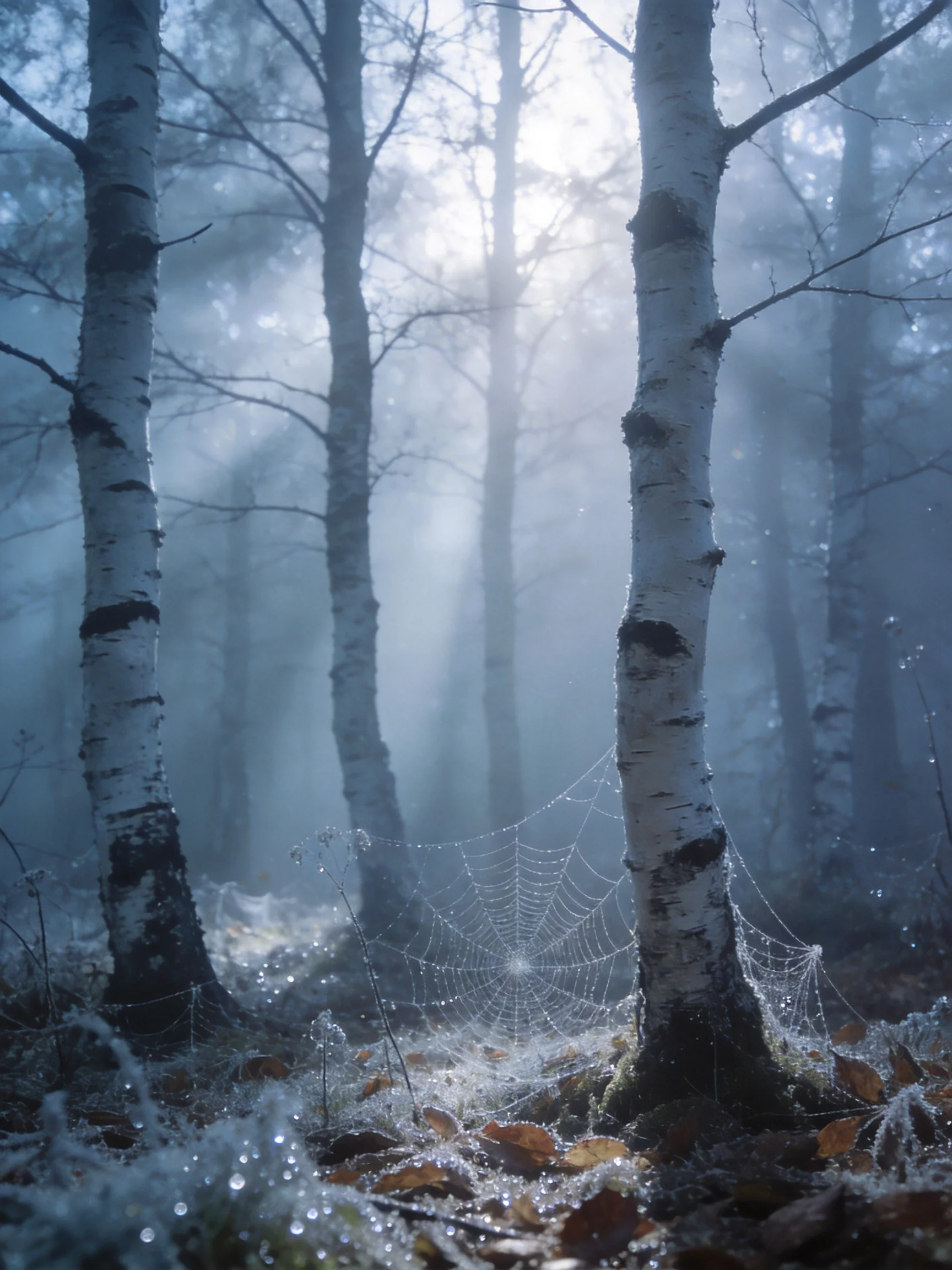 Misty Morning Birch Grove with Sparkling Spider Webs