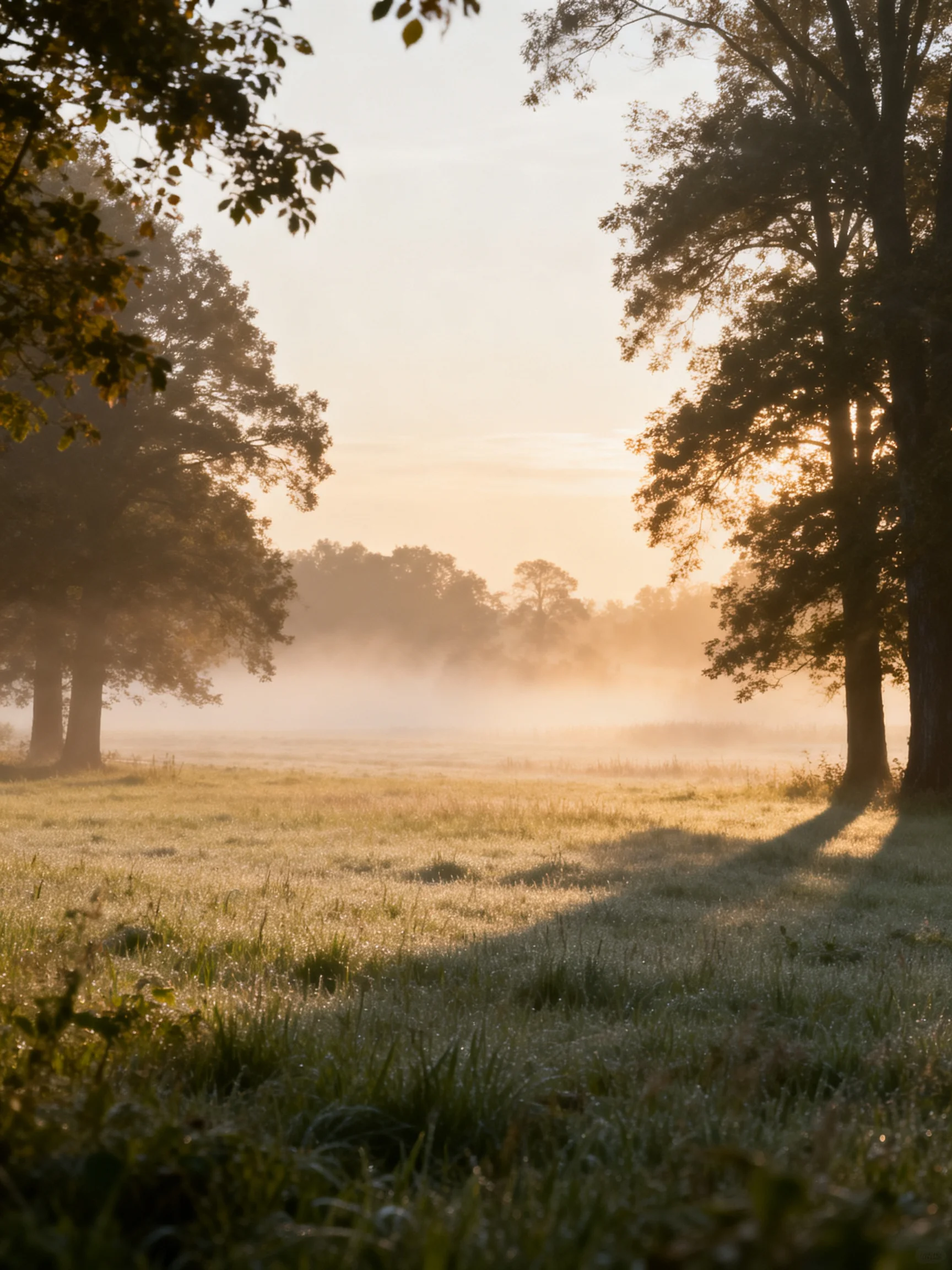 Misty Morning Field with Tall Trees and Sunlit Grass