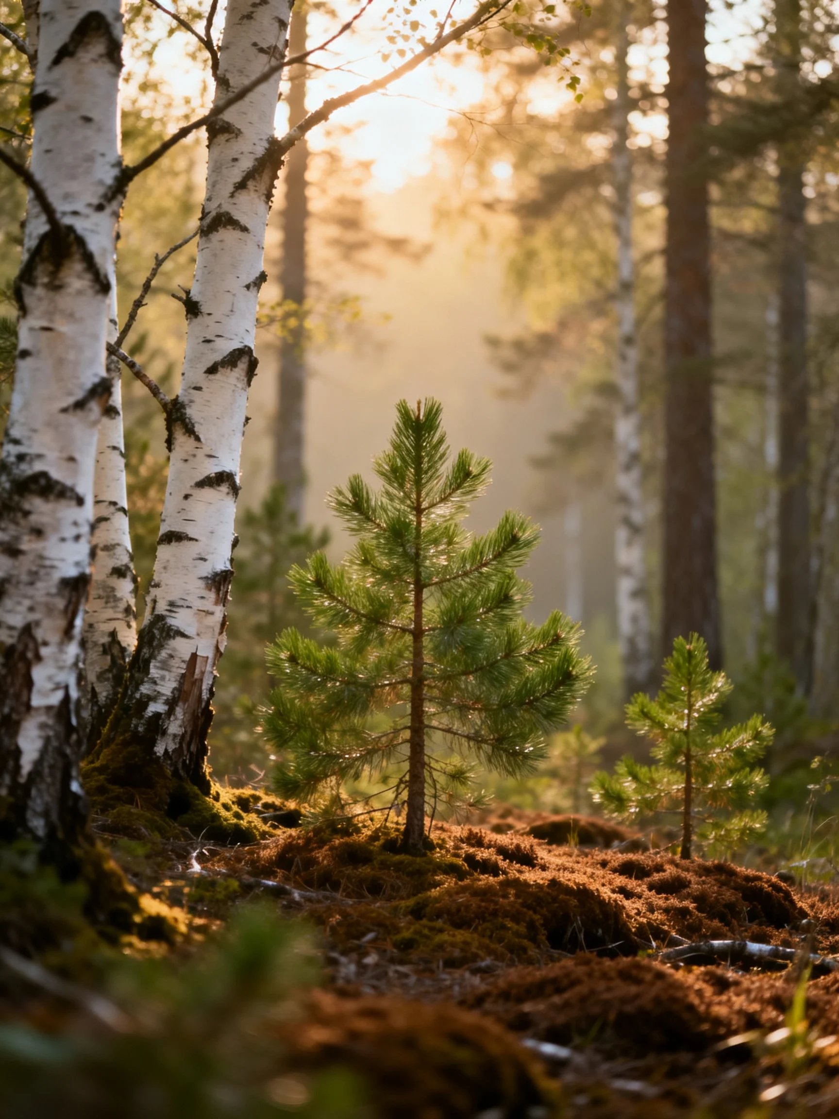 Misty Morning Forest with White-Barked Birches and Green Pine Saplings