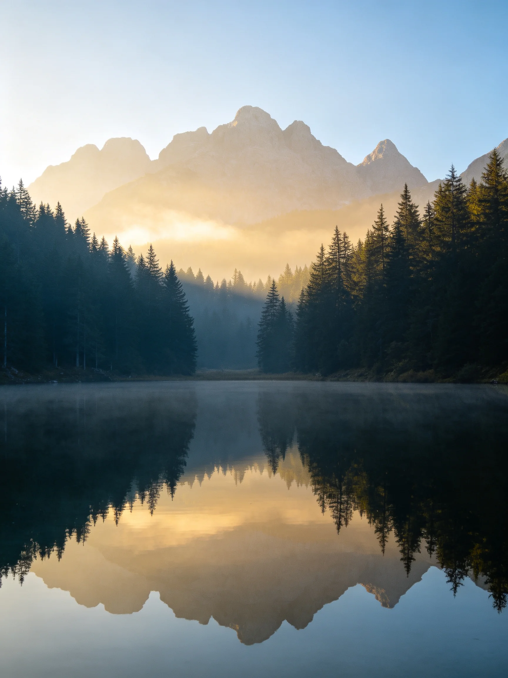 Misty Morning Lake Reflecting Forests and Mountain Peaks