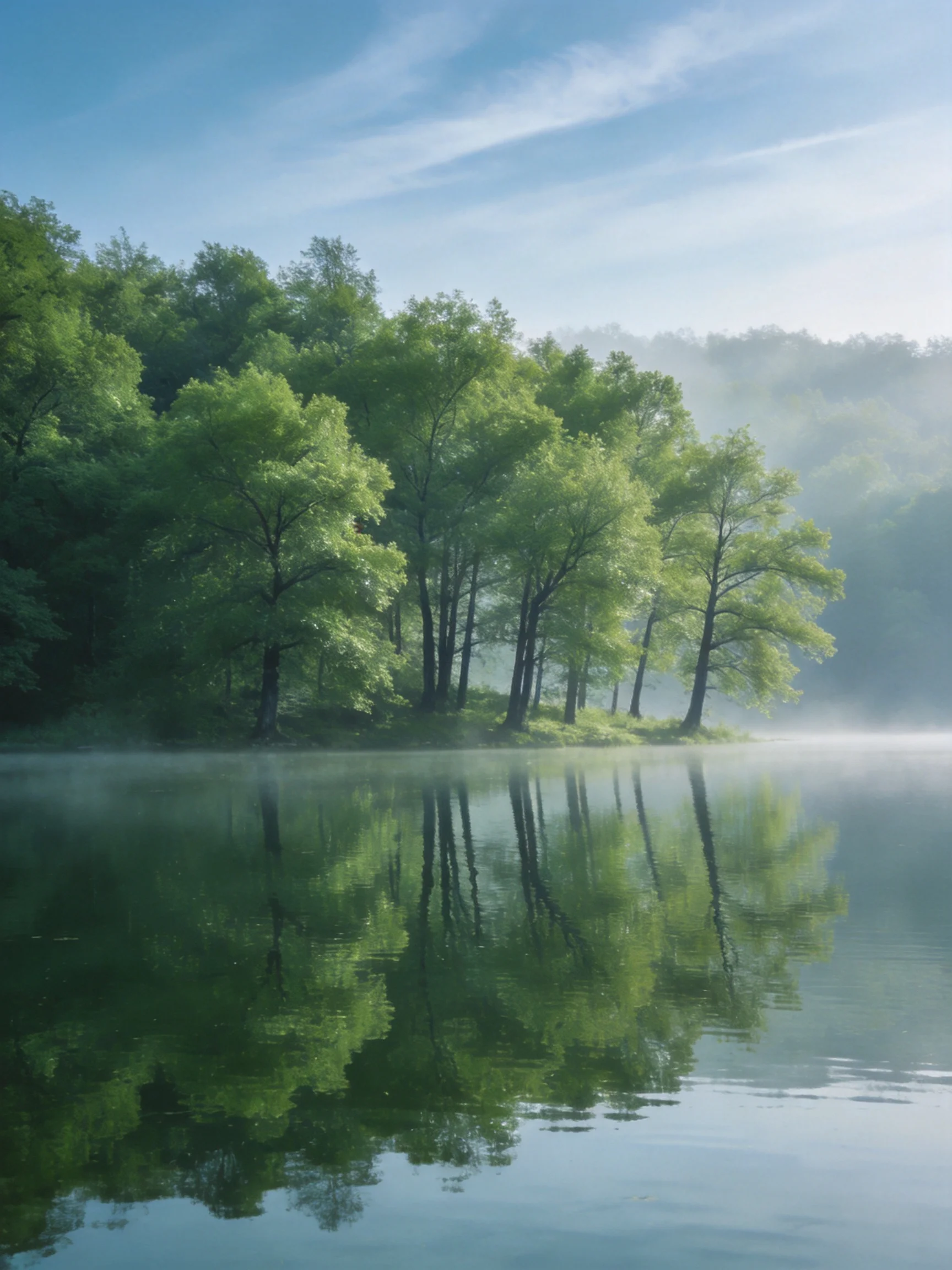 Misty Morning Lake With Lush Green Trees Reflecting