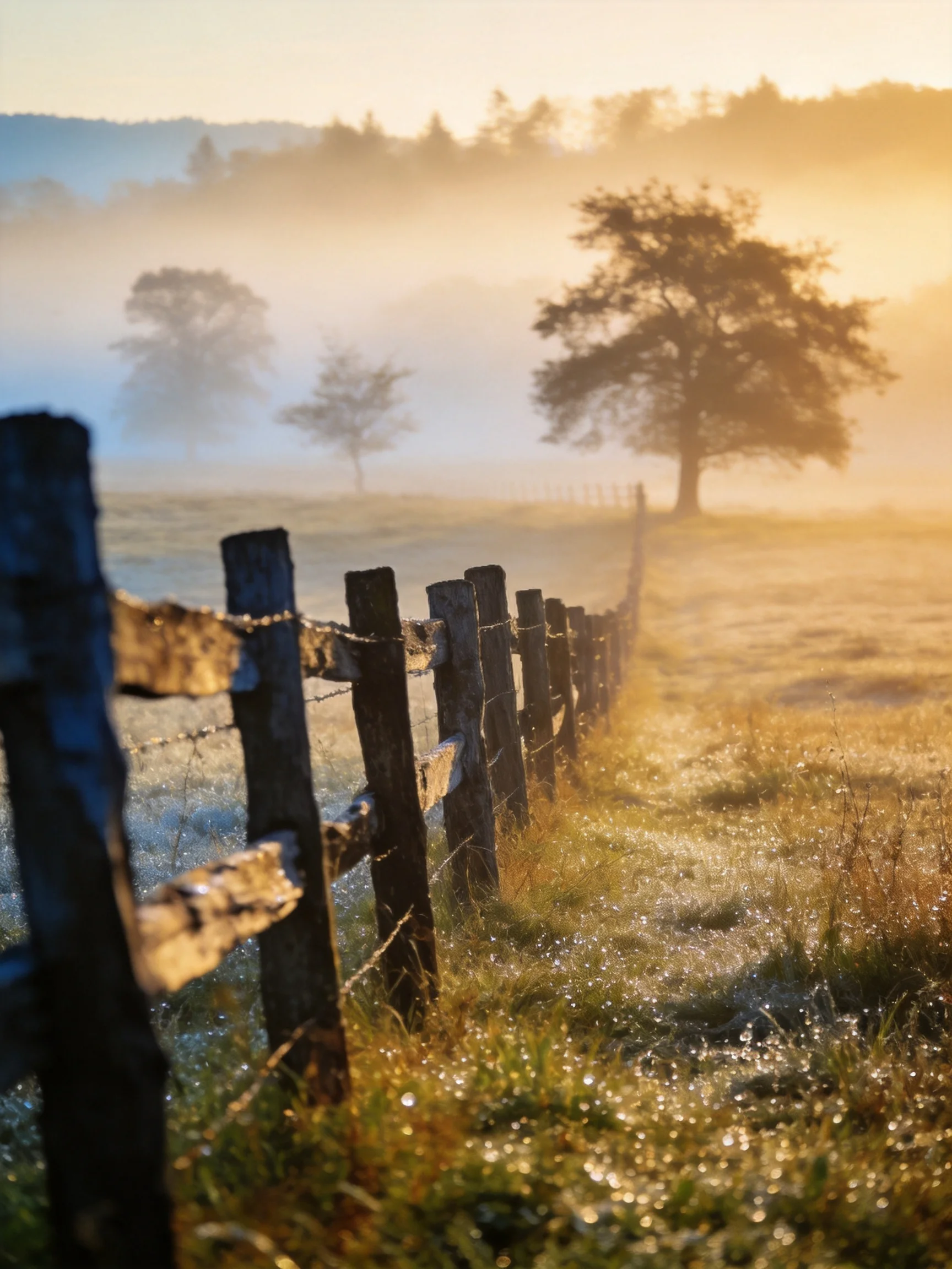Misty Morning Landscape with Weathered Wooden Fence and Golden Light