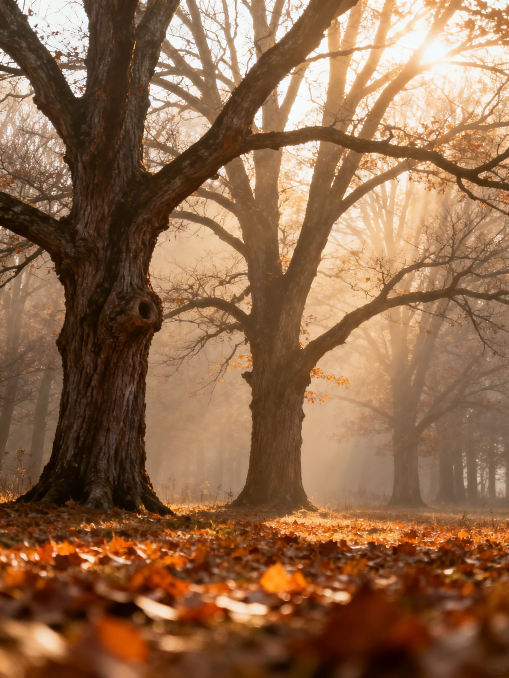Misty Morning Light Shines On Ancient Trees With Golden Autumn Leaves