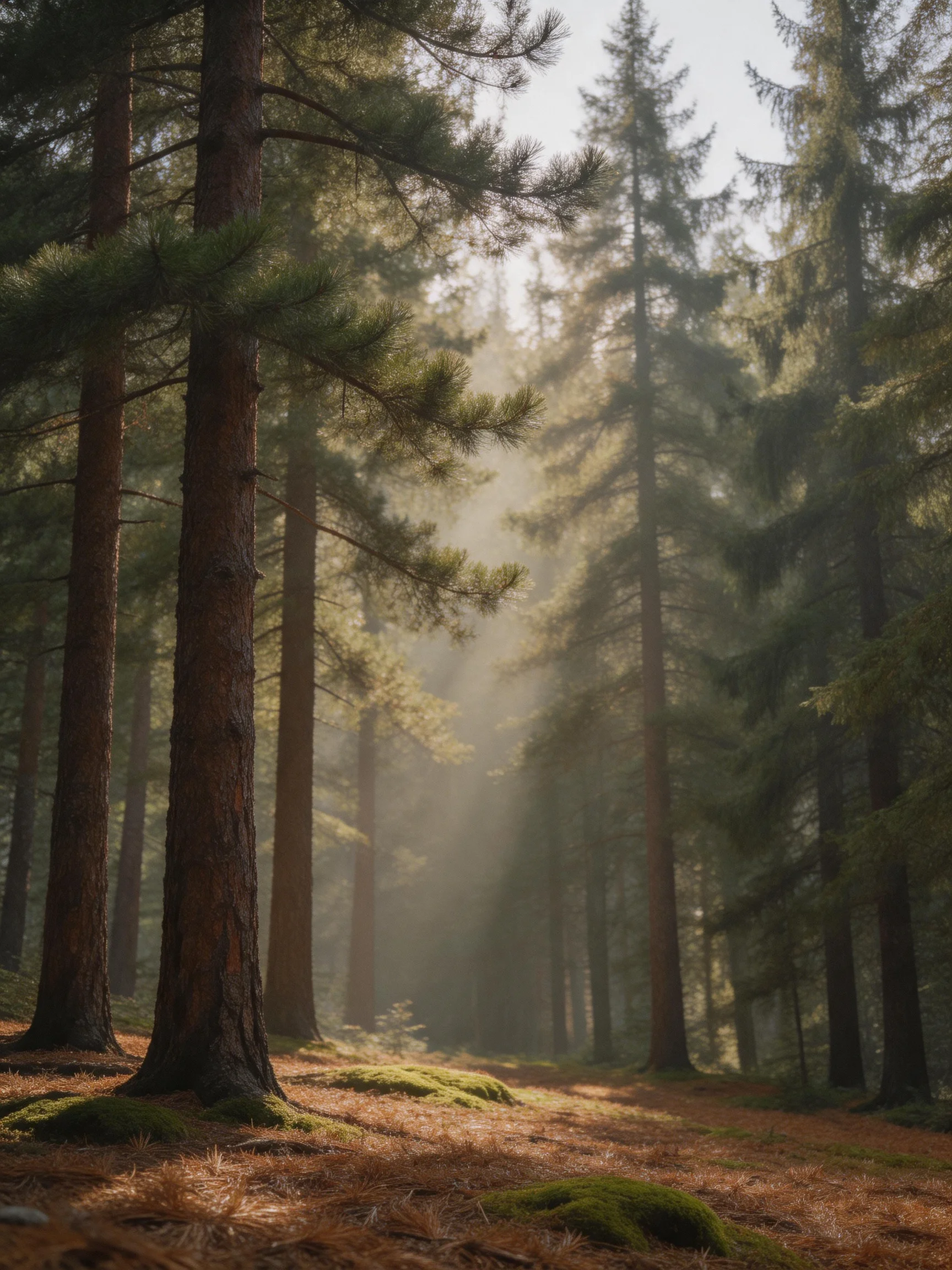 Misty Morning Light in a Dense Pine Forest
