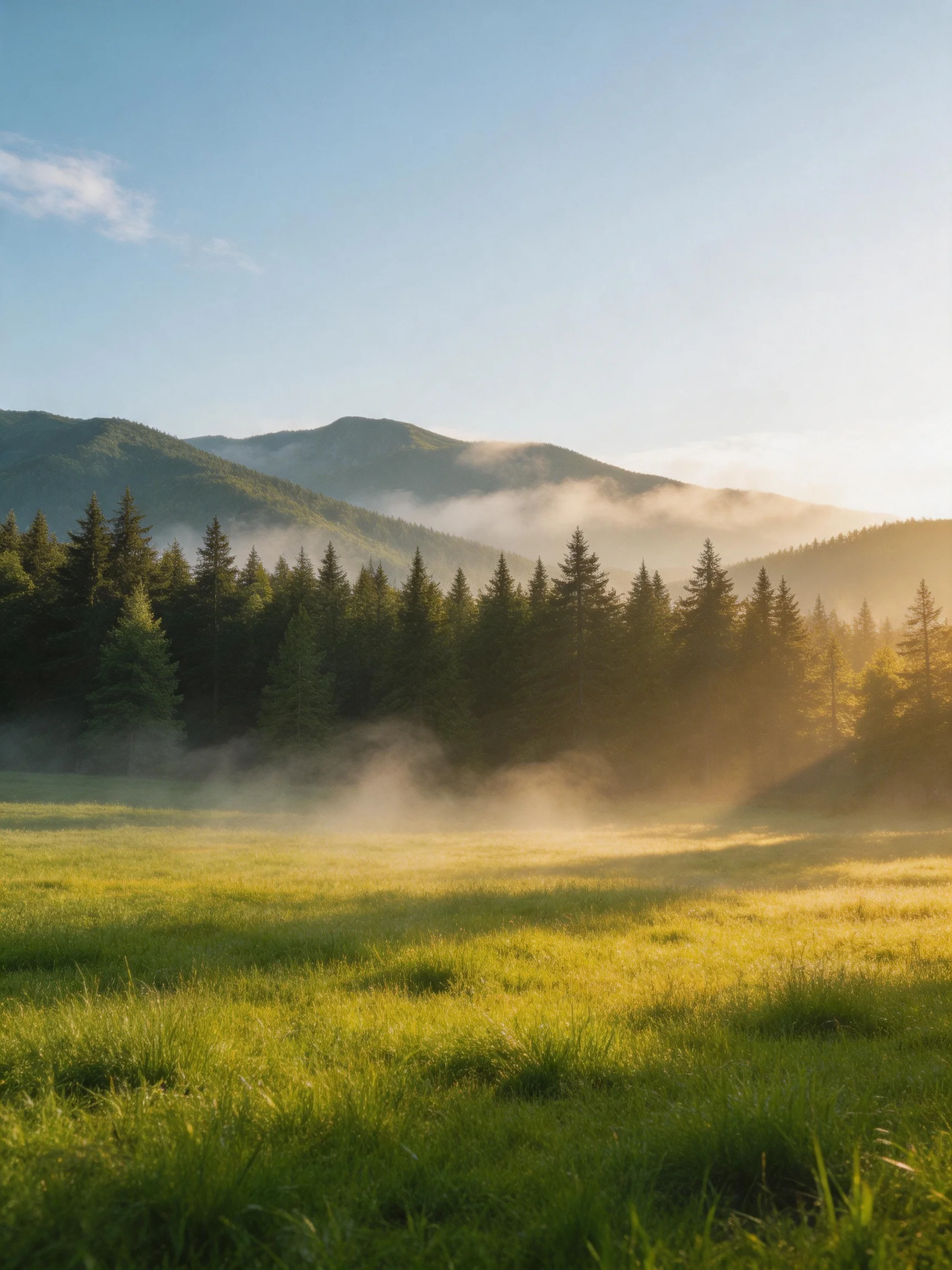 Misty Morning Meadow with Forested Mountain Backdrop