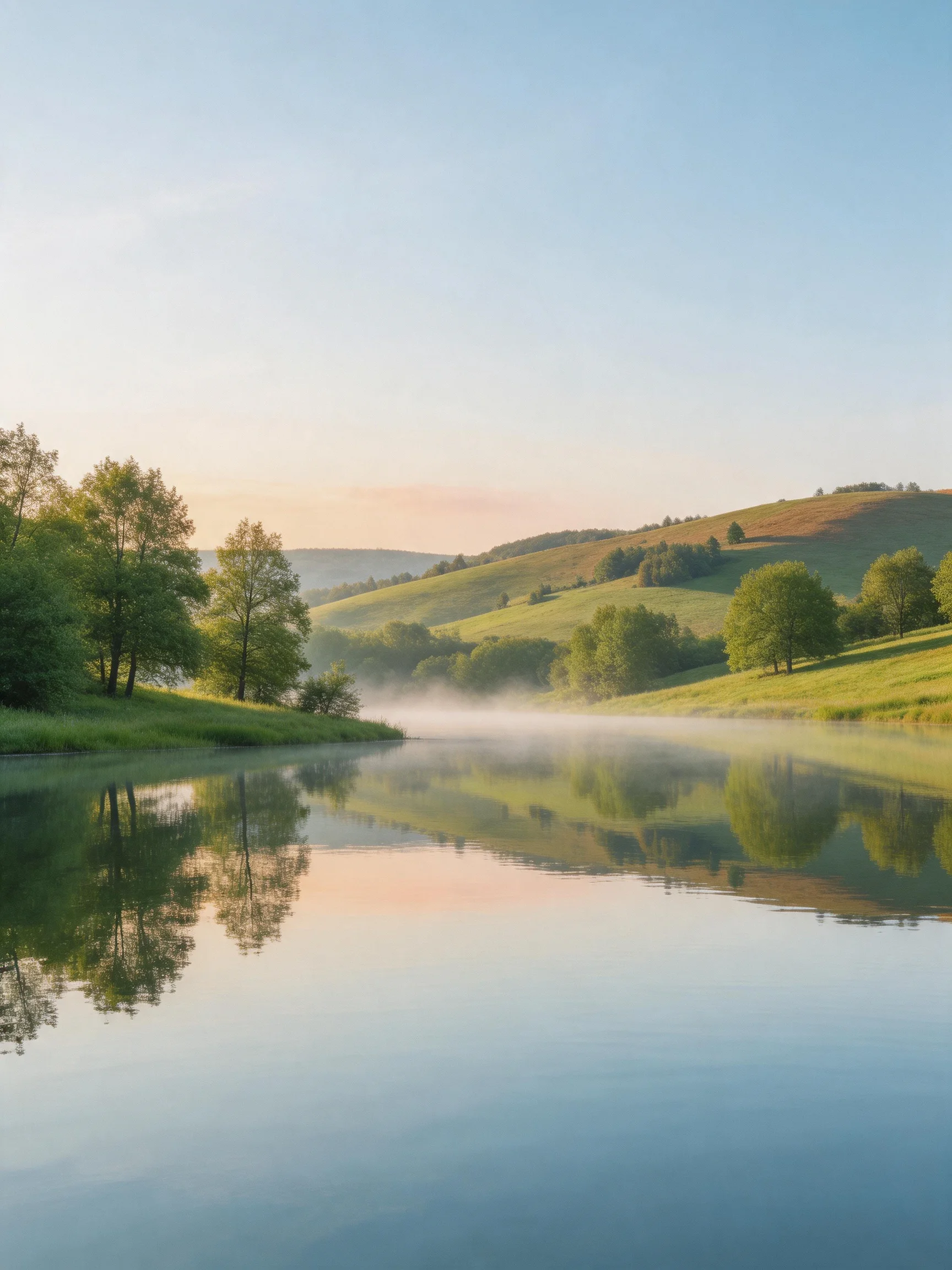 Misty Morning River Reflects Rolling Green Hills and Trees