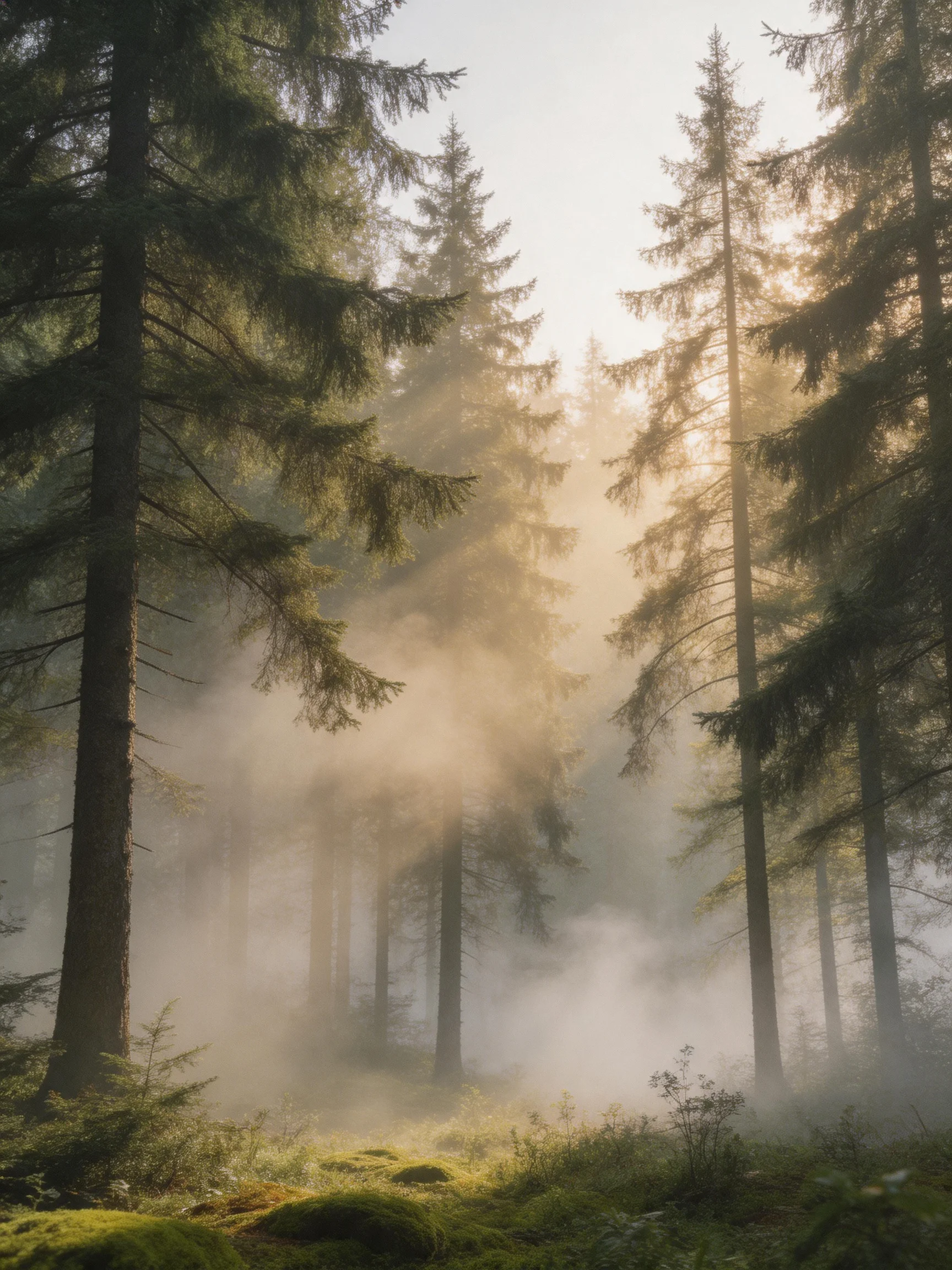Misty Morning in a Dense Pine Forest with Sunlight Streaming Through