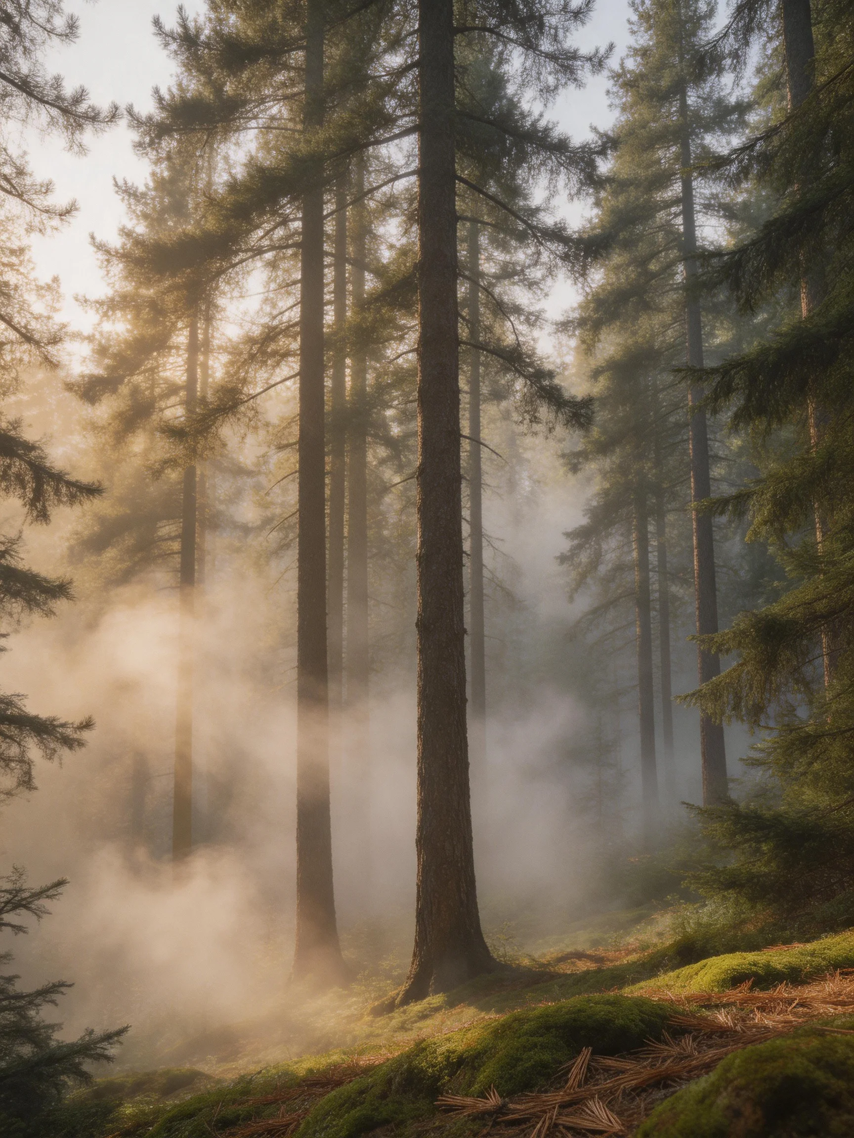 Misty Morning in a Dense Pine Forest with Tall Trees and Green Moss