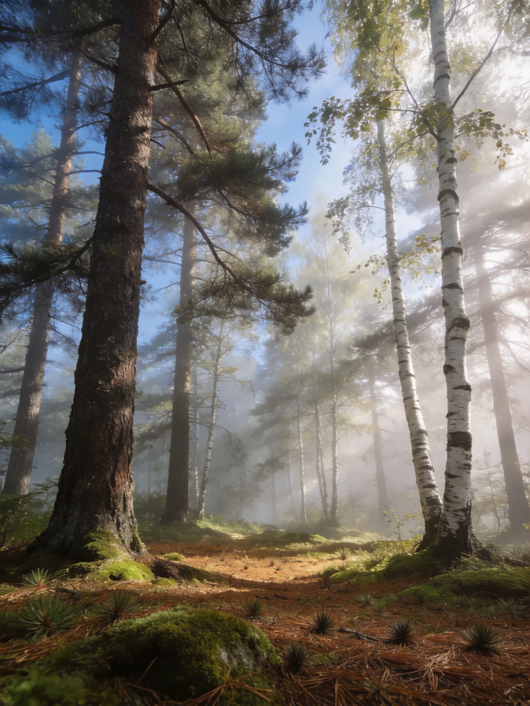 Misty Morning in a Lush Forest with Tall Pine and Birch Trees