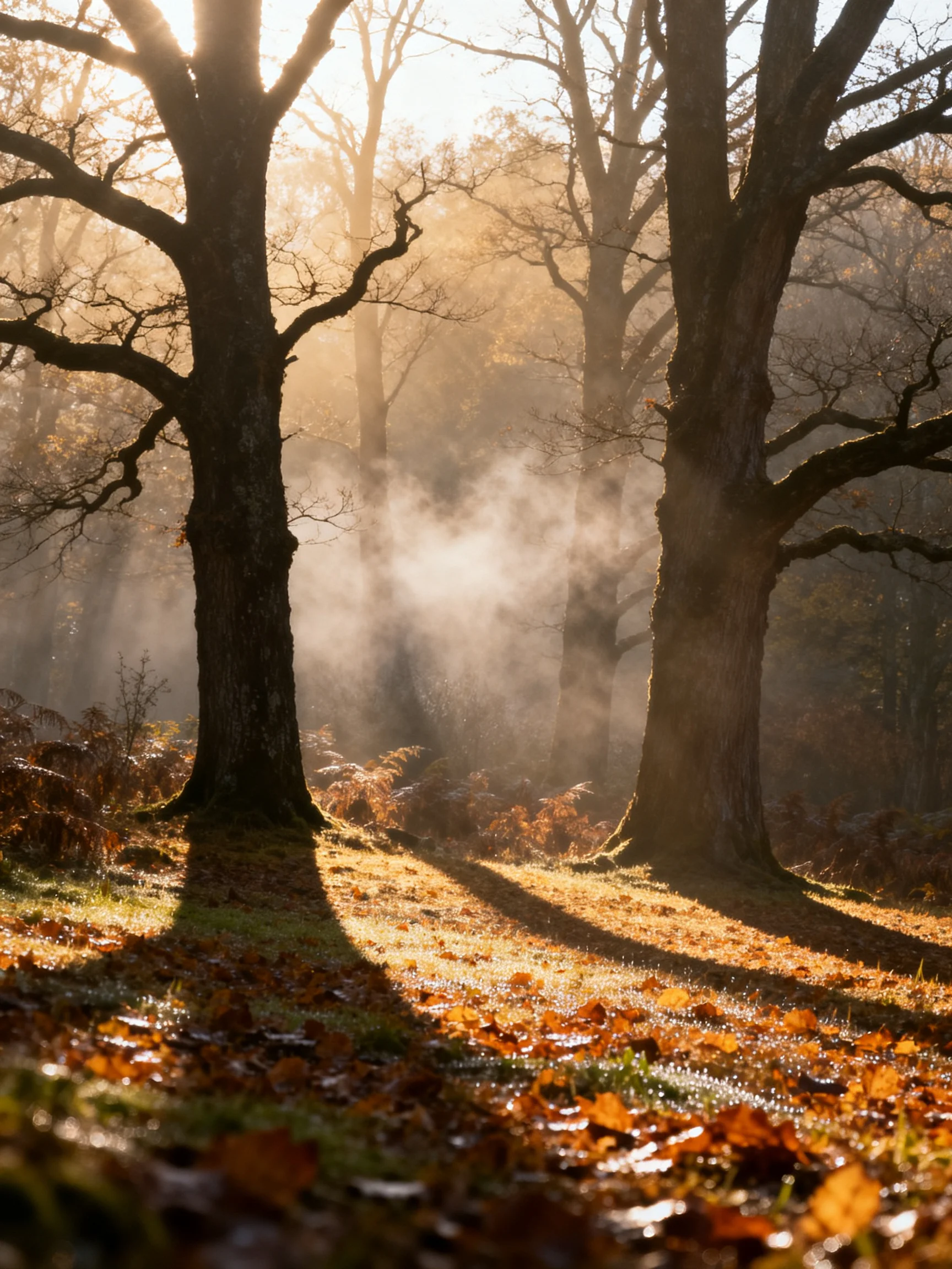 Misty Morning in an Autumn Forest with Sunlit Trees