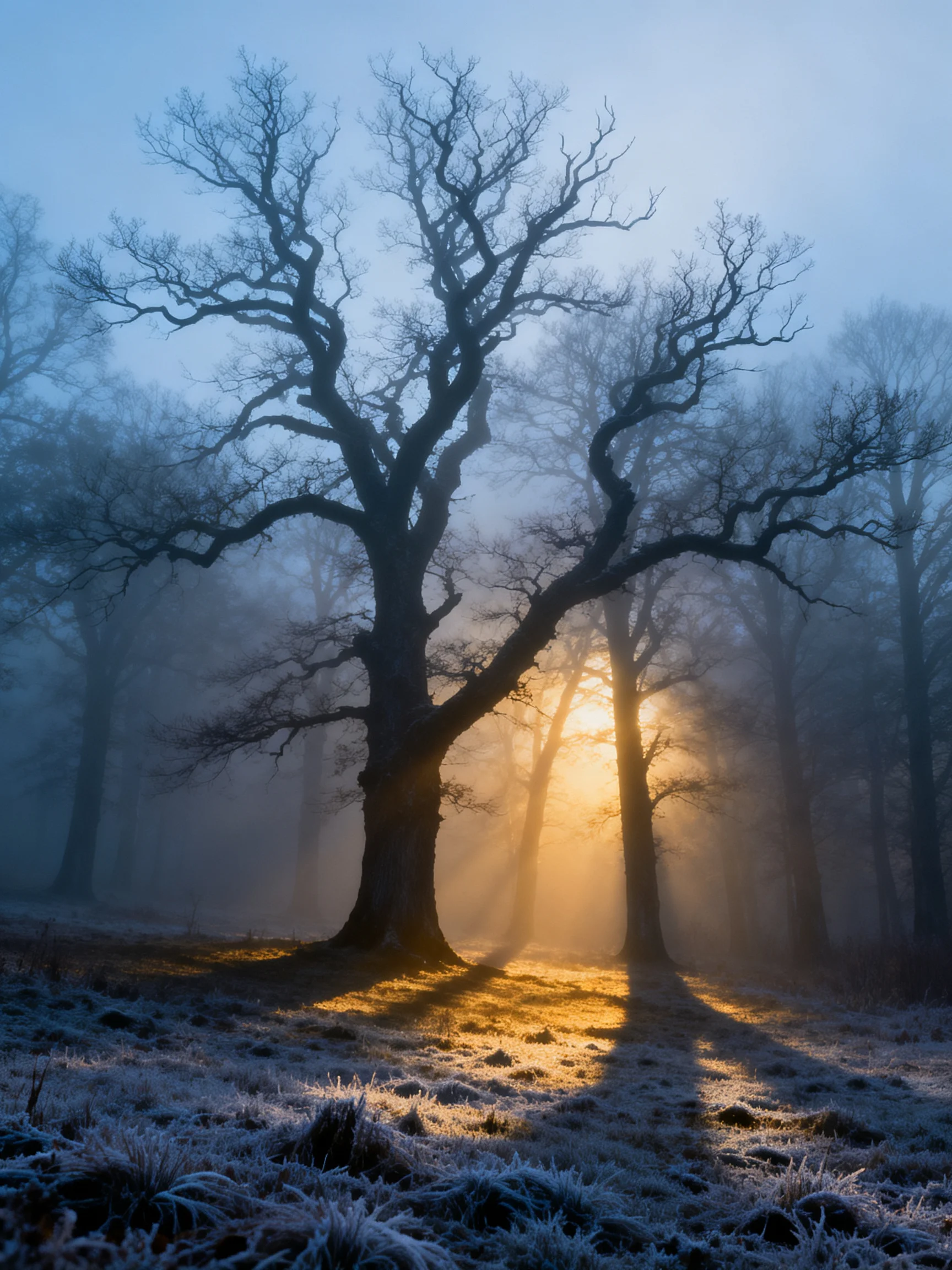 Misty Morning with Ancient Oak Trees and Frosted Ground