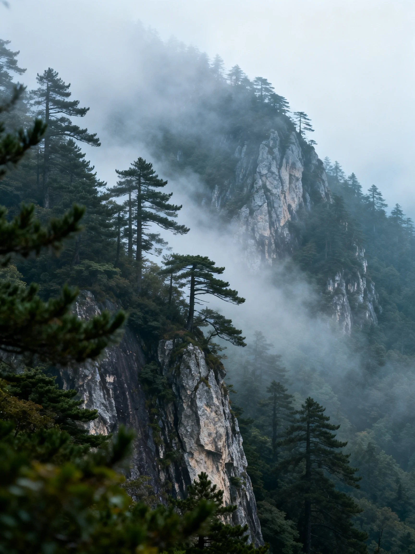 Misty Mountain Cliffs with Pine Trees and Fog