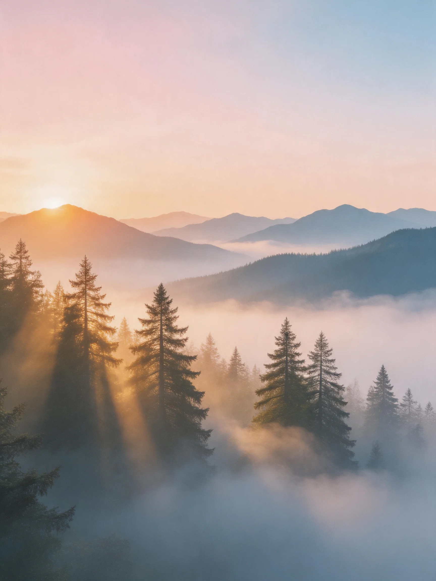 Misty Mountain Forest at Dawn with Evergreen Trees