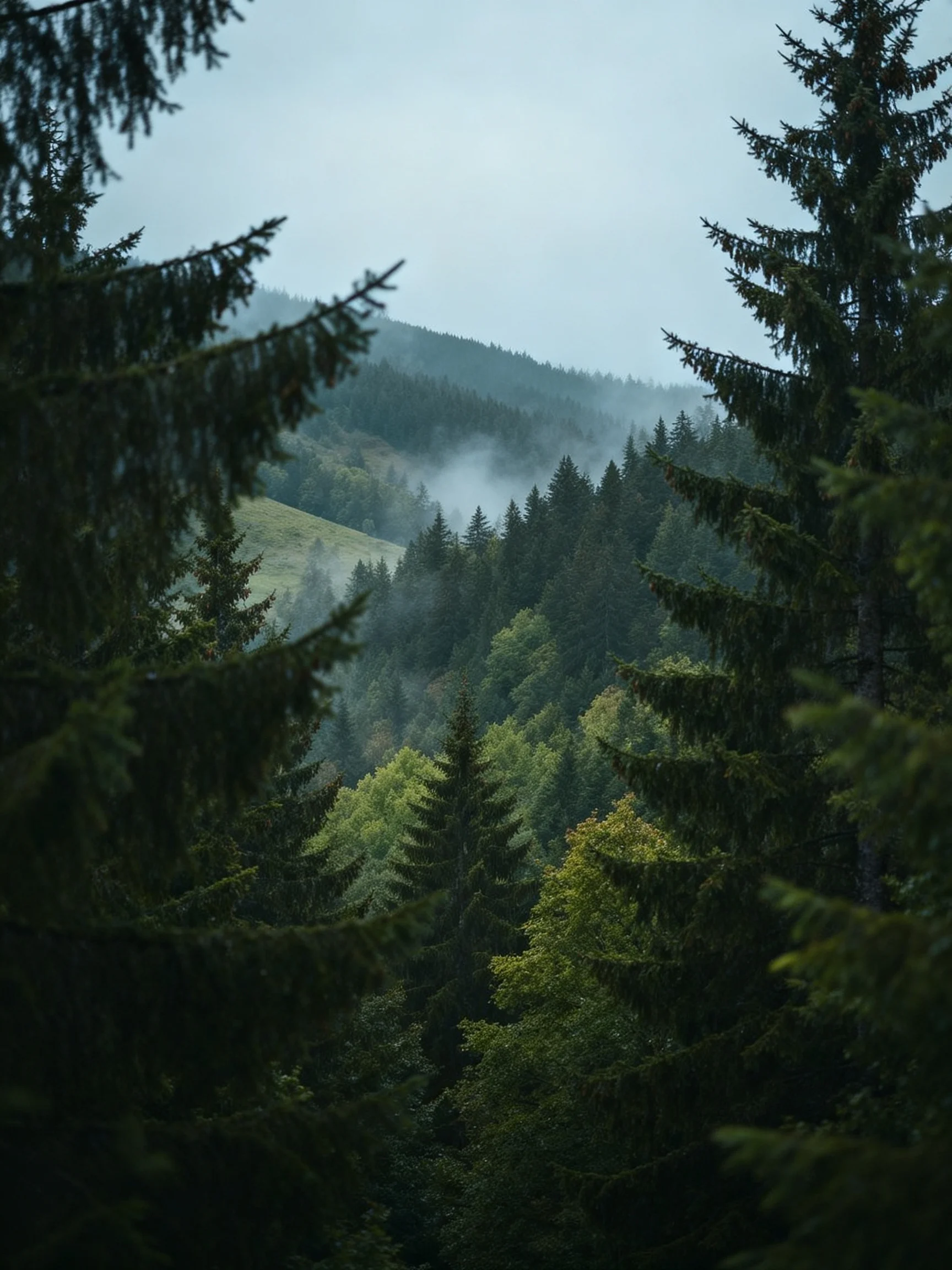Misty Mountain Forest with Dense Evergreen Trees