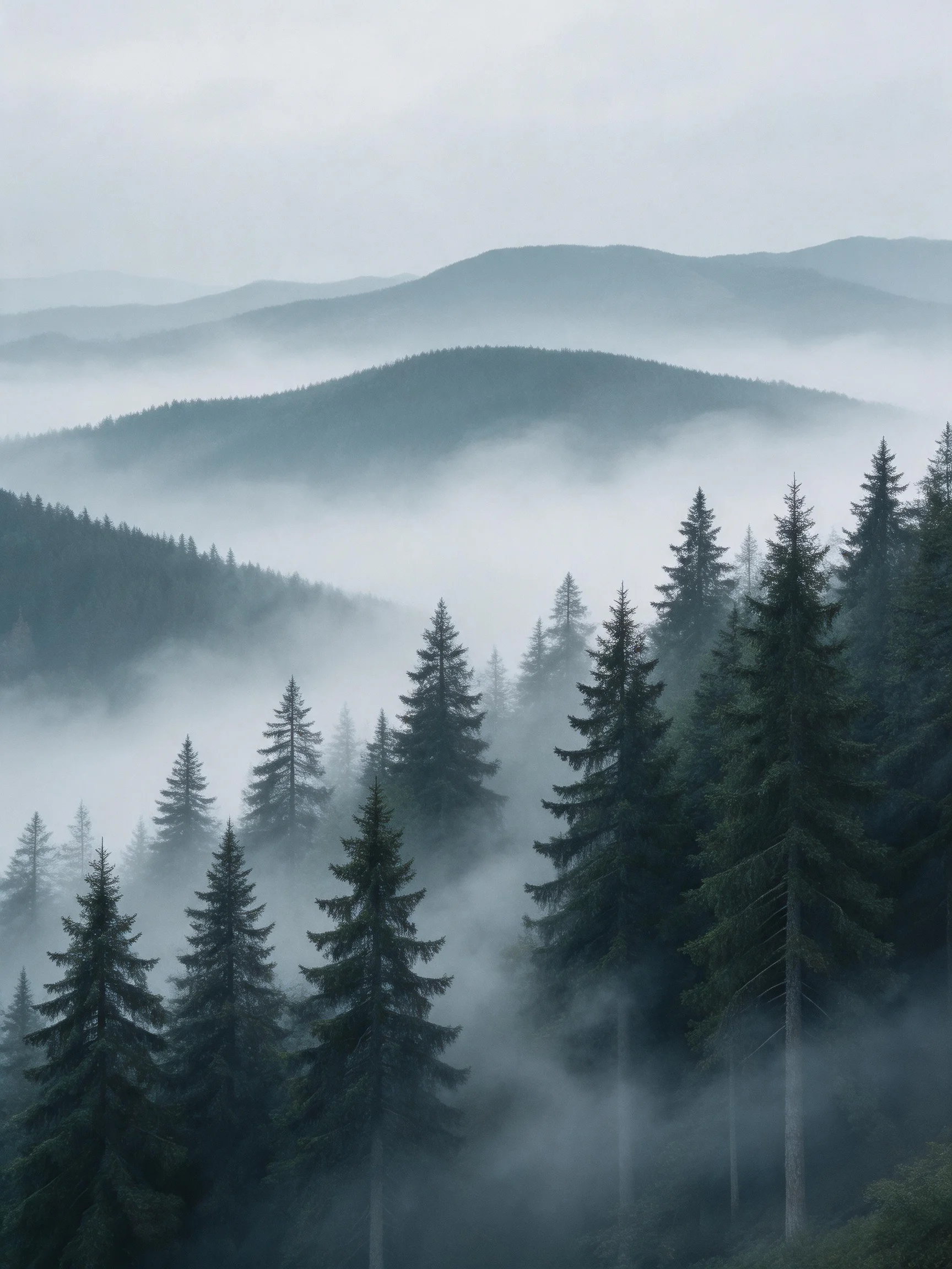 Misty Mountain Forest with Dense Pine Trees and Fog Layers