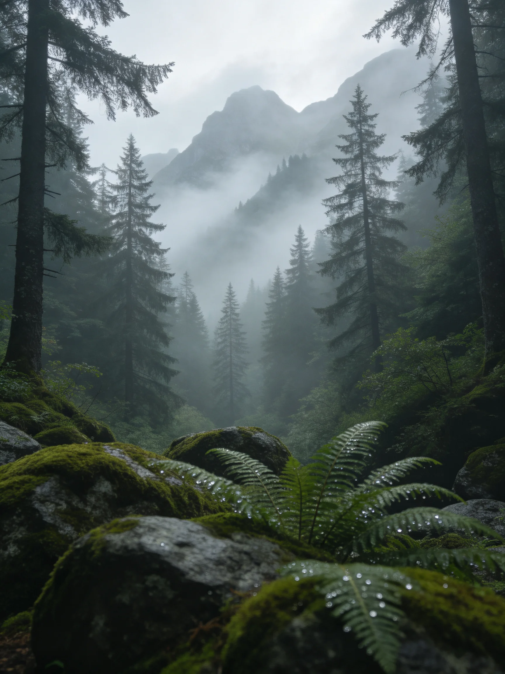 Misty Mountain Forest with Moss-Covered Rocks and Ferns