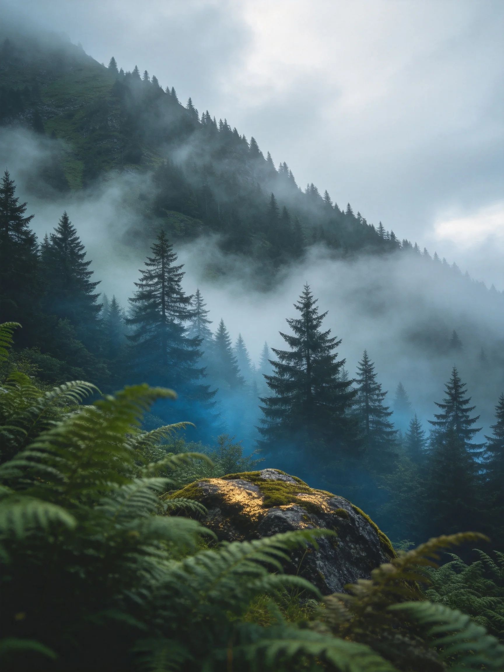 Misty Mountain Forest with Pine Trees and Ferns