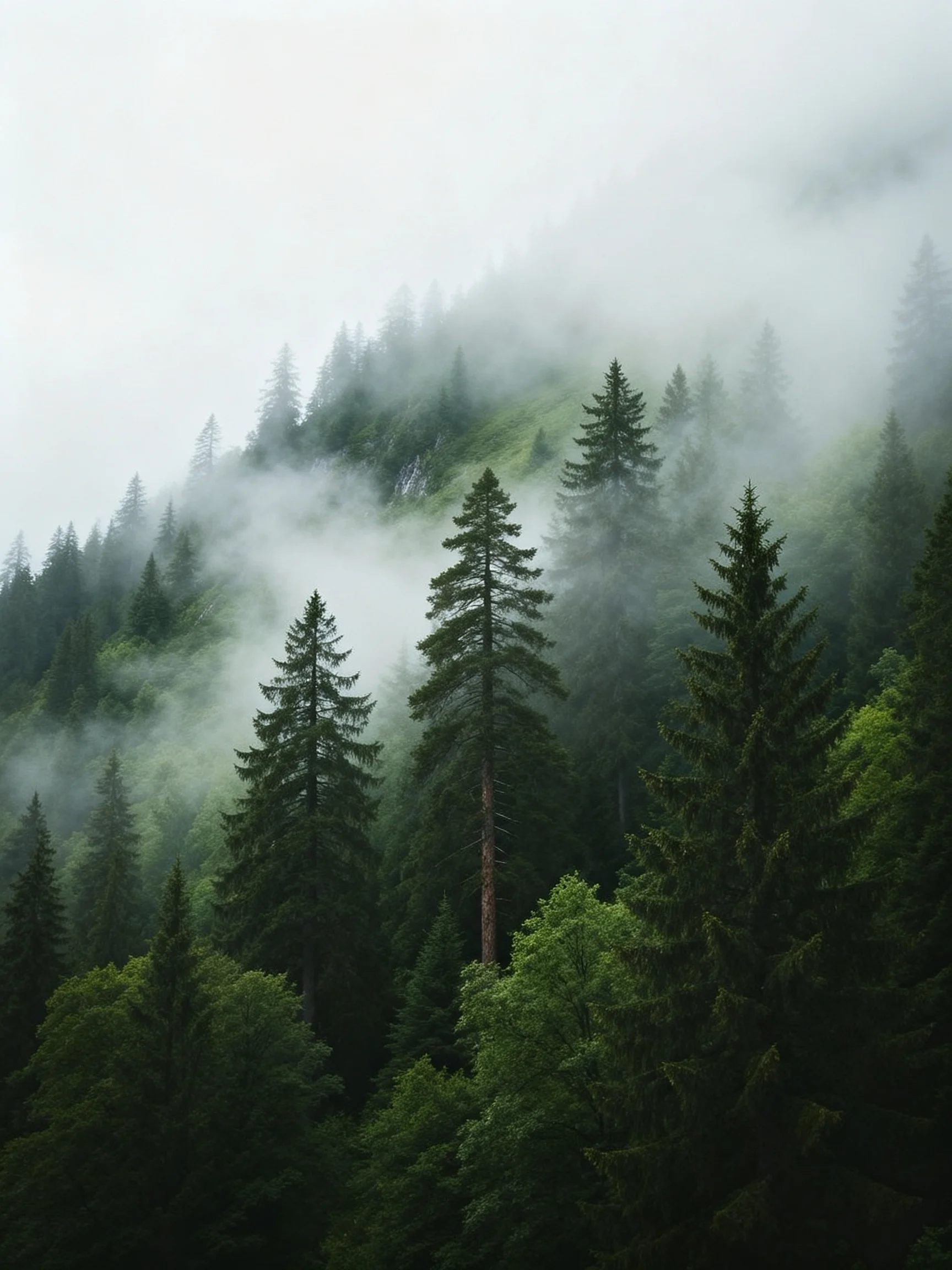 Misty Mountain Forest with Tall Evergreen Trees