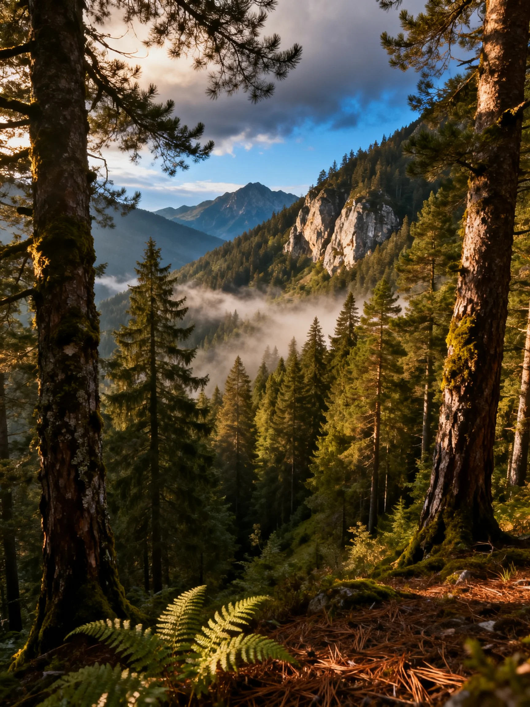 Misty Mountain Forest with Tall Pine Trees and Sunlit Cliffs