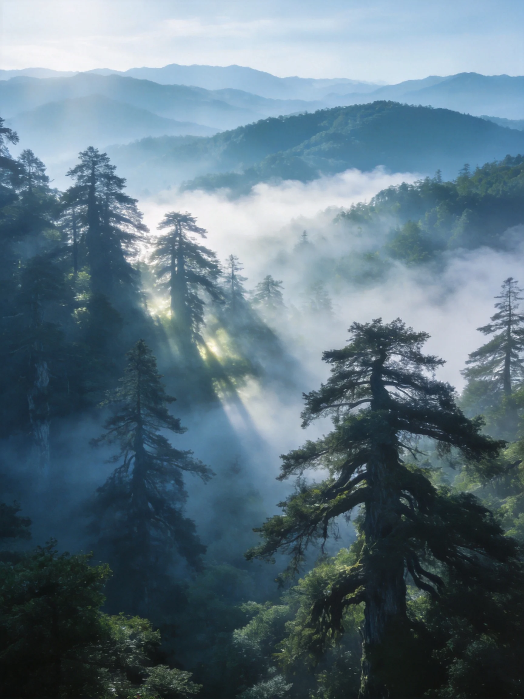 Misty Mountain Forest with Towering Evergreens and Layered Fog