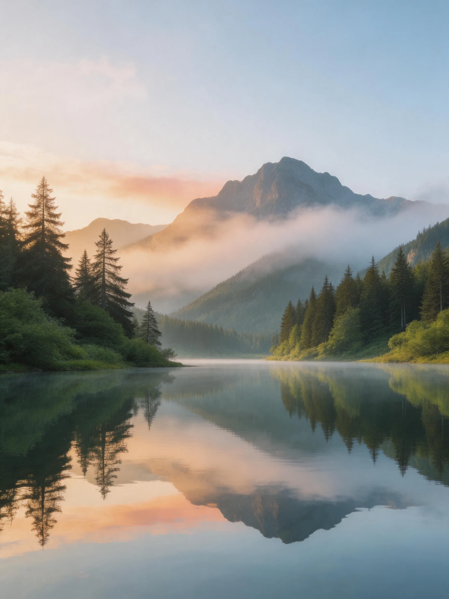 Misty Mountain Lake Reflects Pine Forests and Foggy Peaks