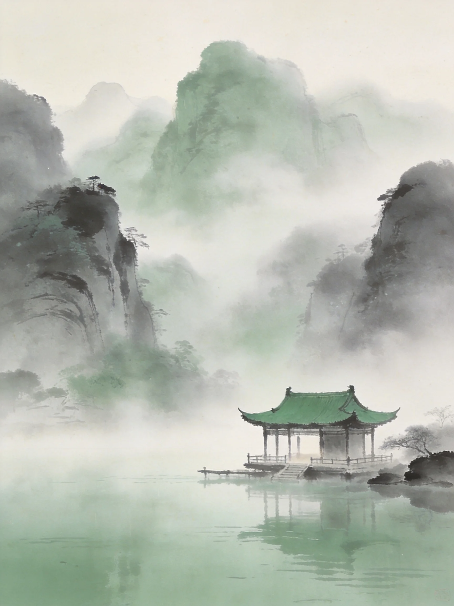 Misty Mountain Landscape with Green Pavilion by Calm Waters