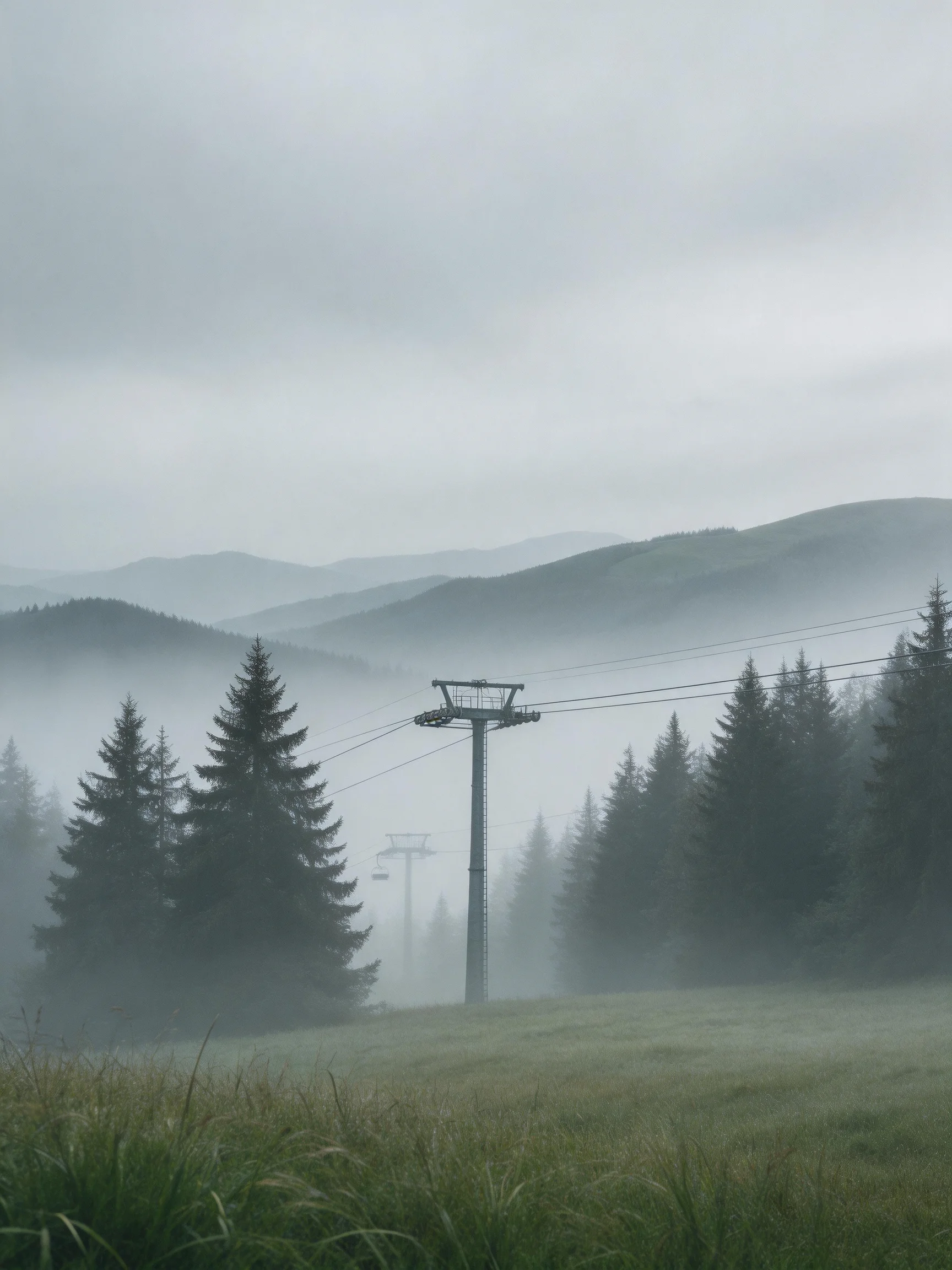 Misty Mountain Landscape with Ski Lift Towers and Pine Trees
