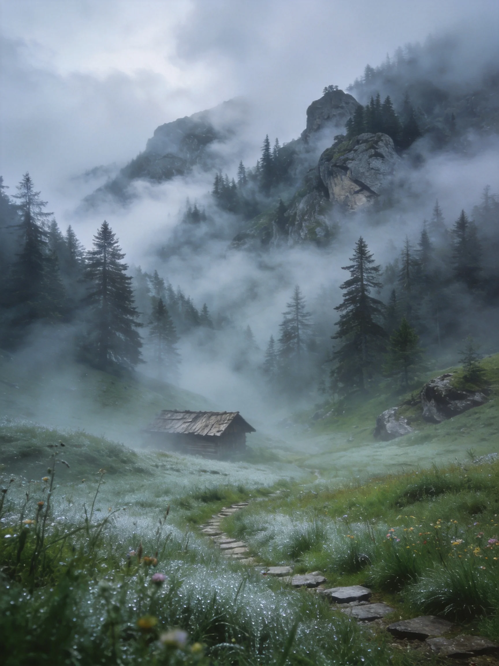 Misty Mountain Meadow with Wooden Cabin and Stone Path