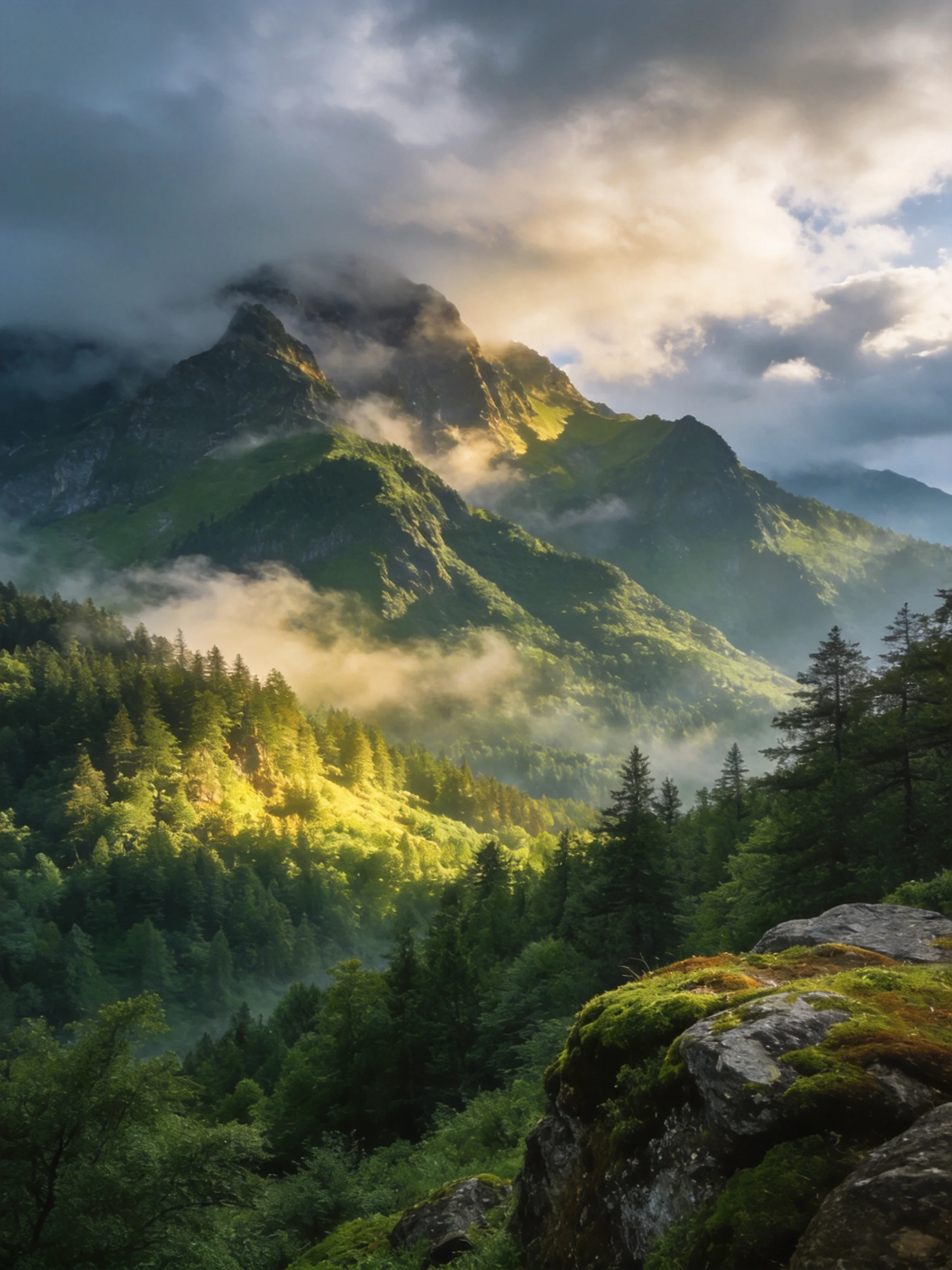 Misty Mountain Peaks Surrounded by Lush Green Forests