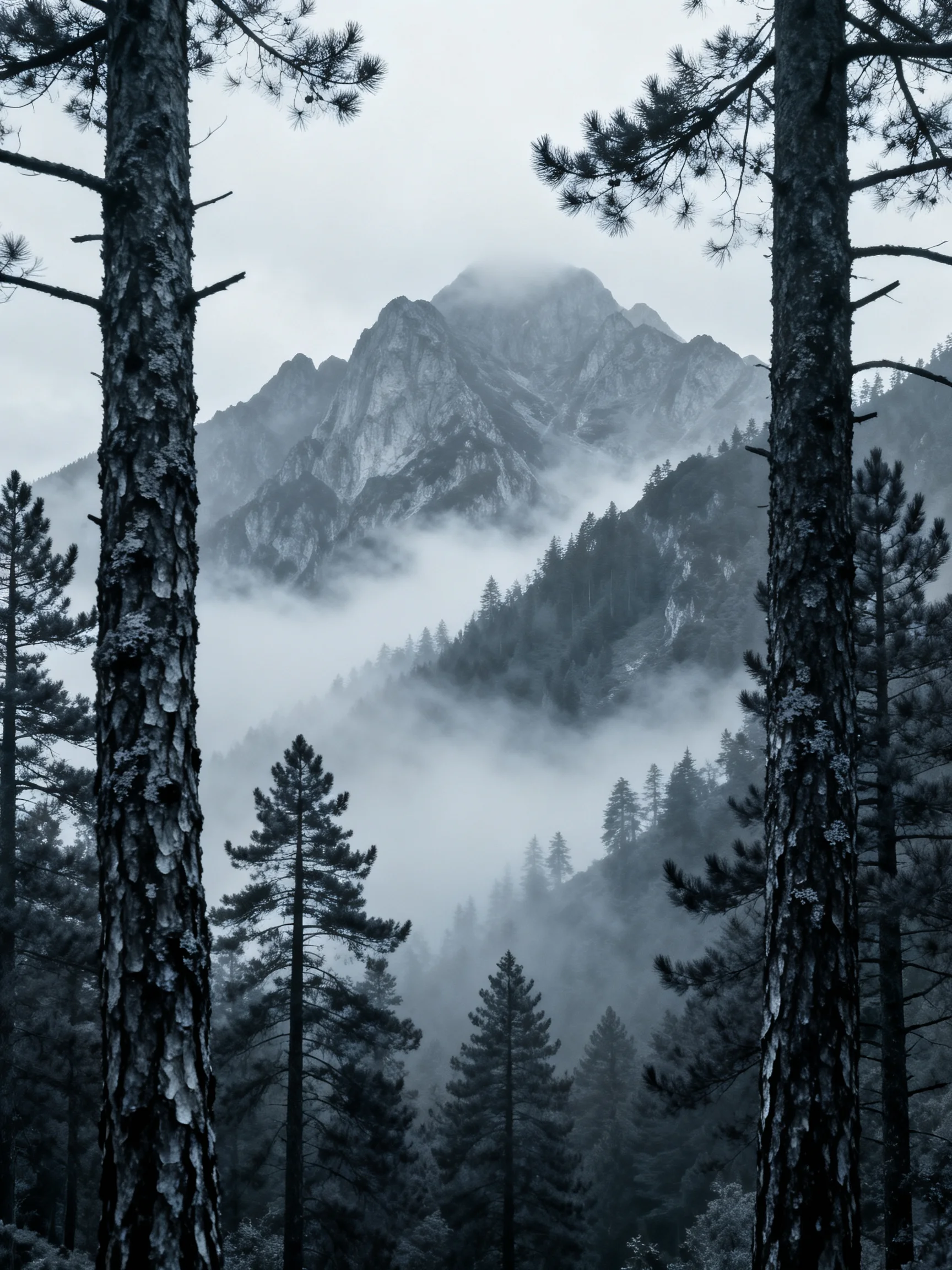 Misty Mountain Peaks Through Pine Forest Canopy