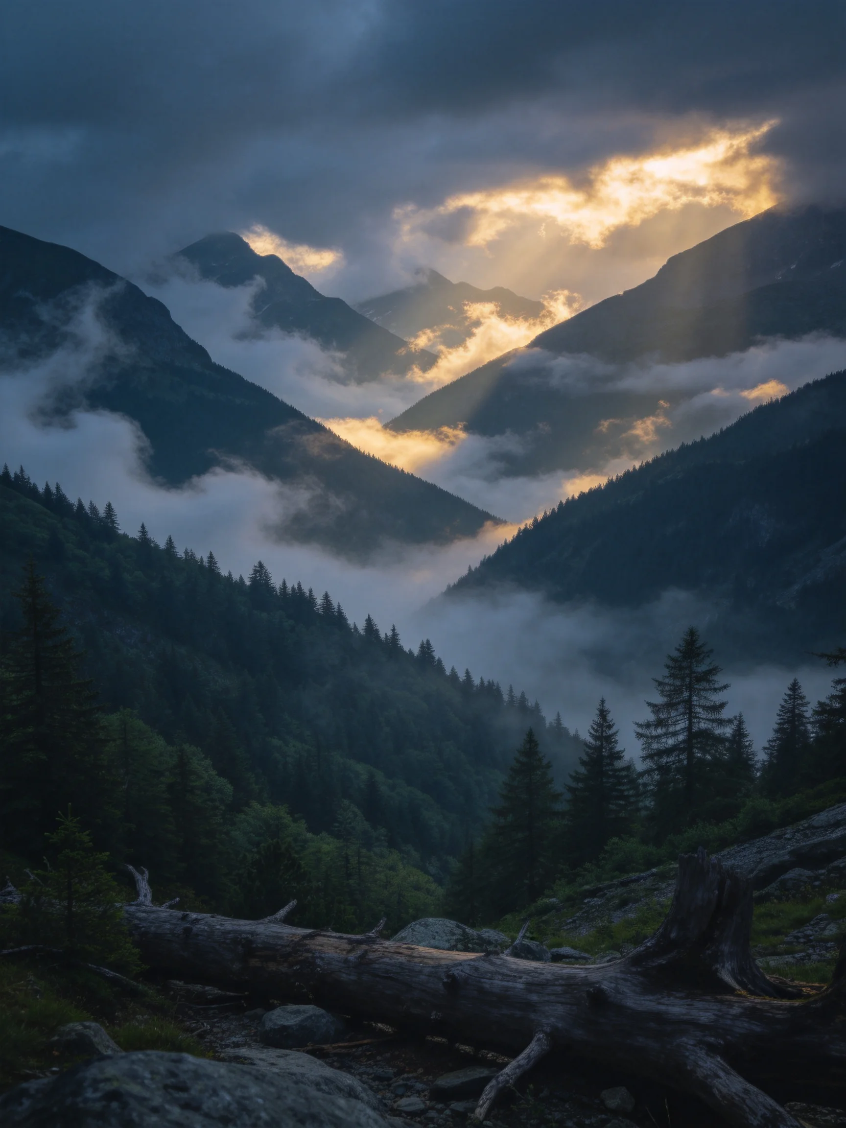 Misty Mountain Peaks with Golden Sunbeams and Foggy Valleys