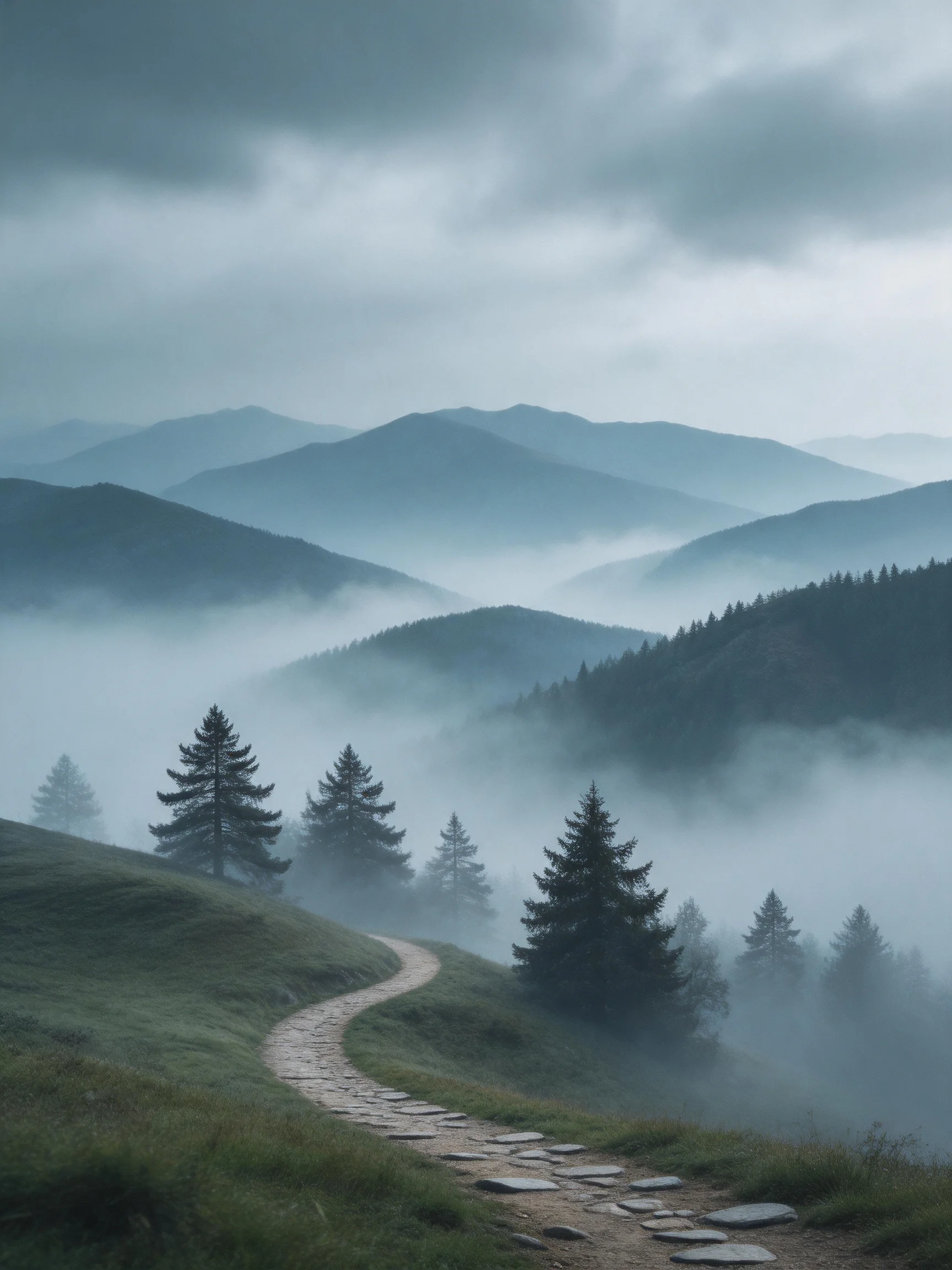 Misty Mountain Peaks with Stone Path and Evergreen Trees