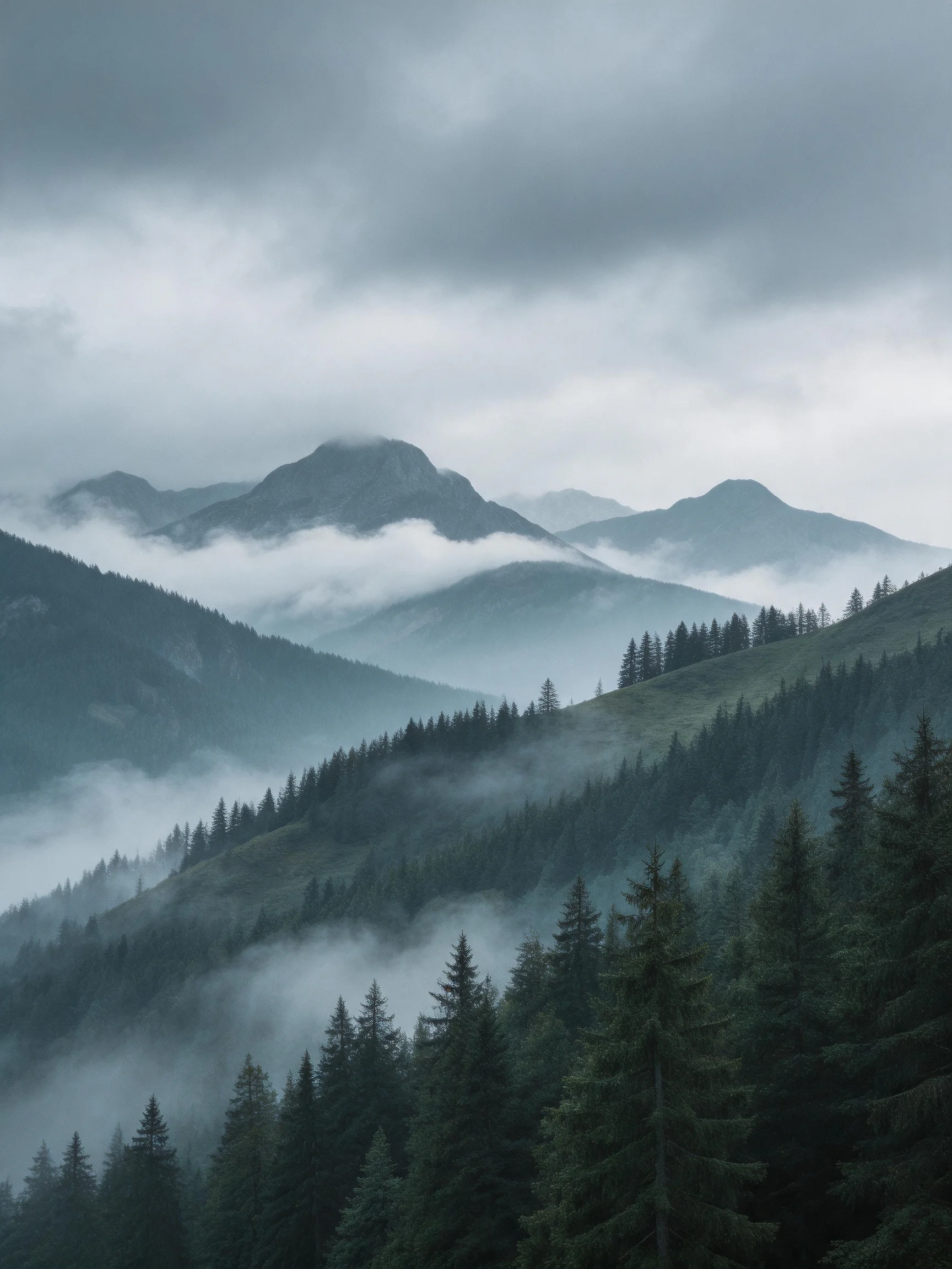Misty Mountain Ranges with Dense Forested Hills