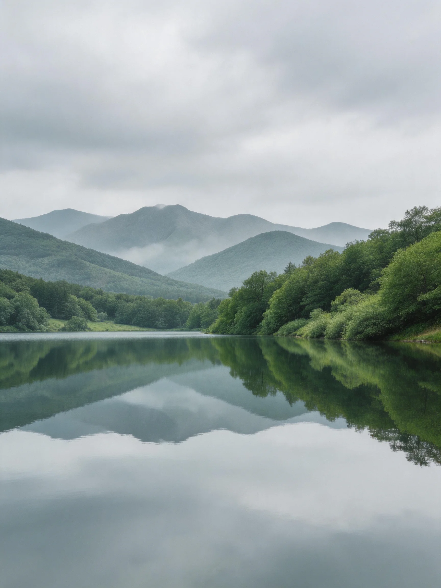 Misty Mountain Reflections on Calm Lake