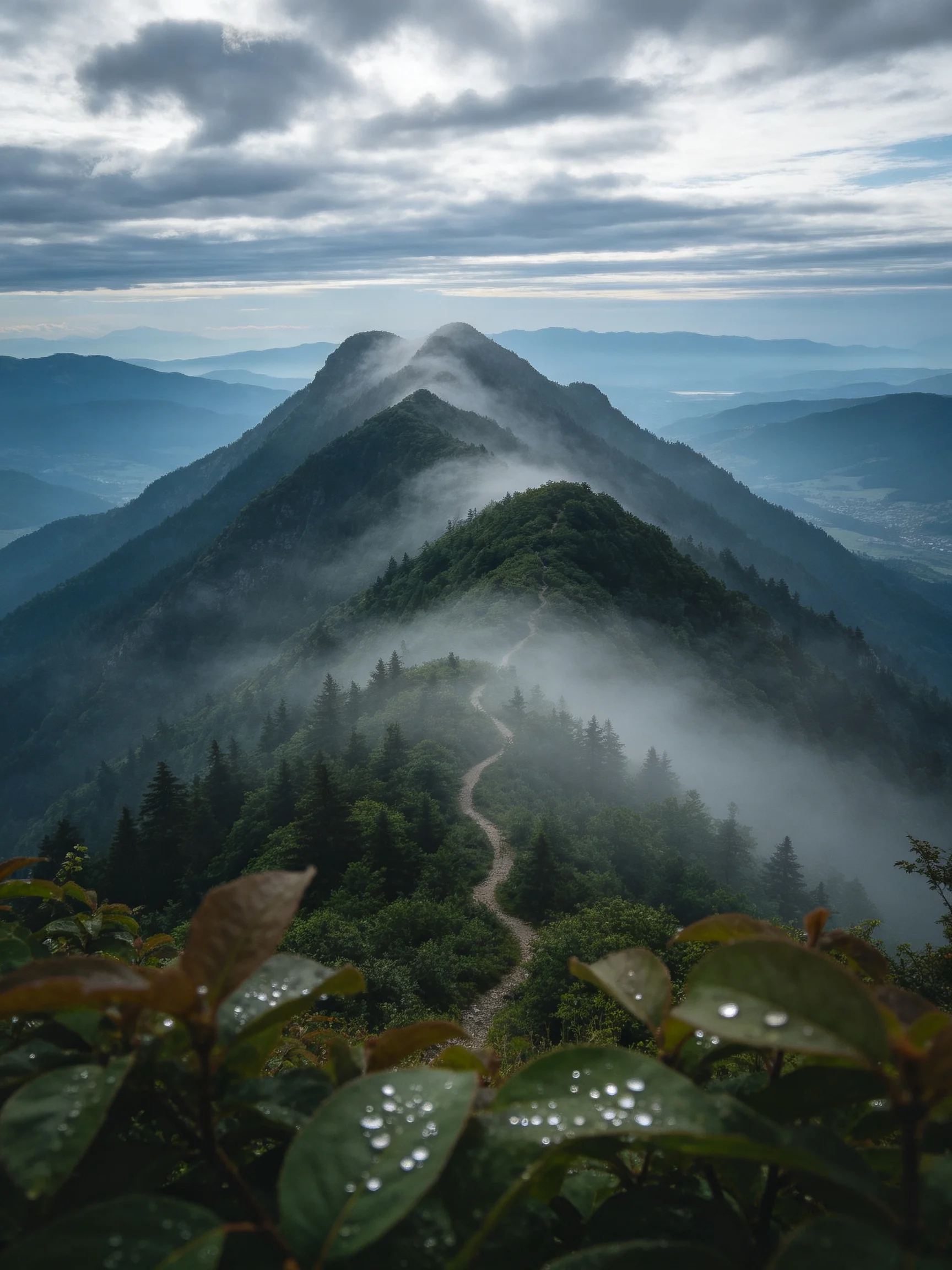 Misty Mountain Ridge with Lush Forest and Winding Trail
