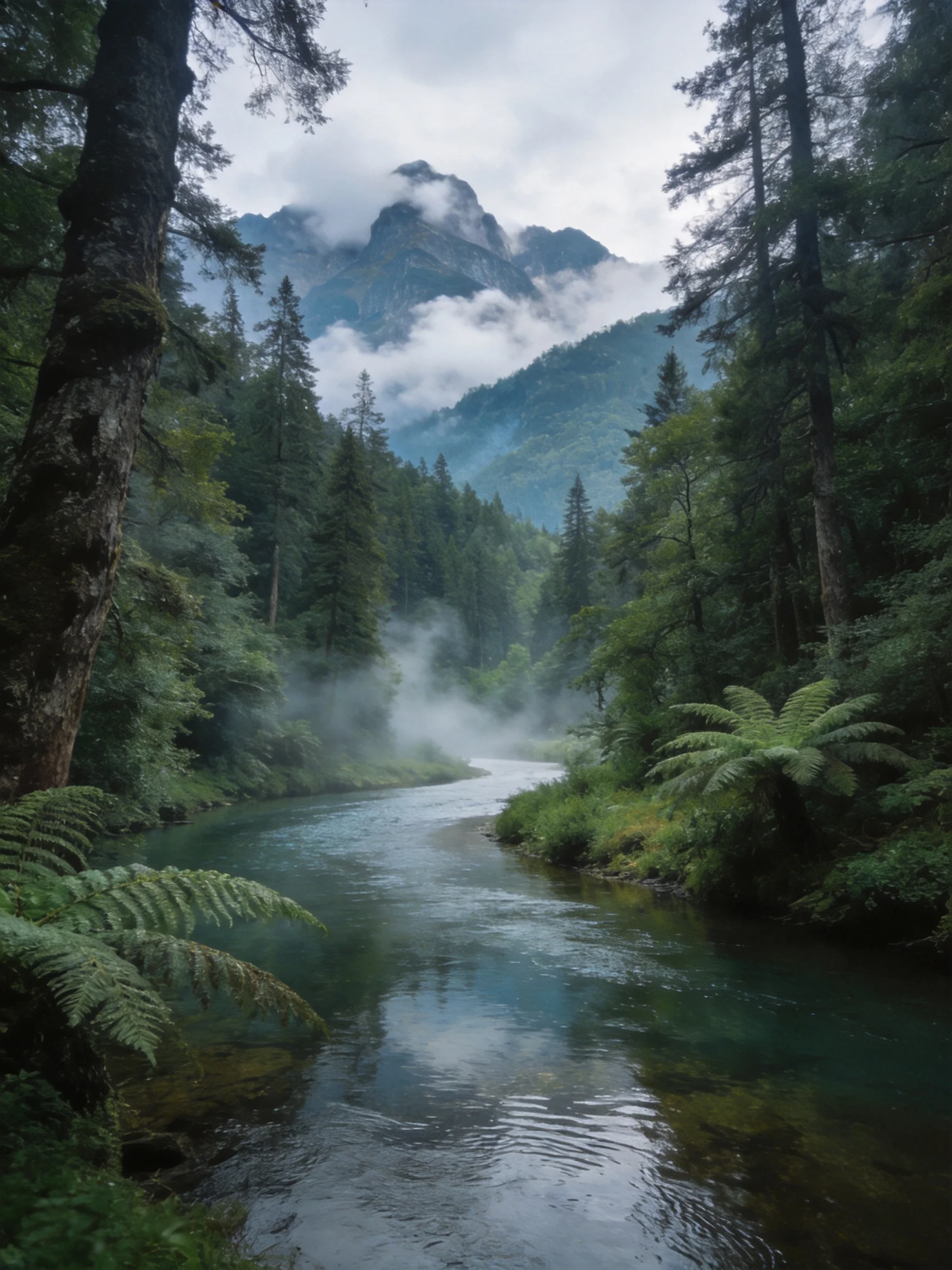Misty Mountain Stream Winds Through Lush Green Forests