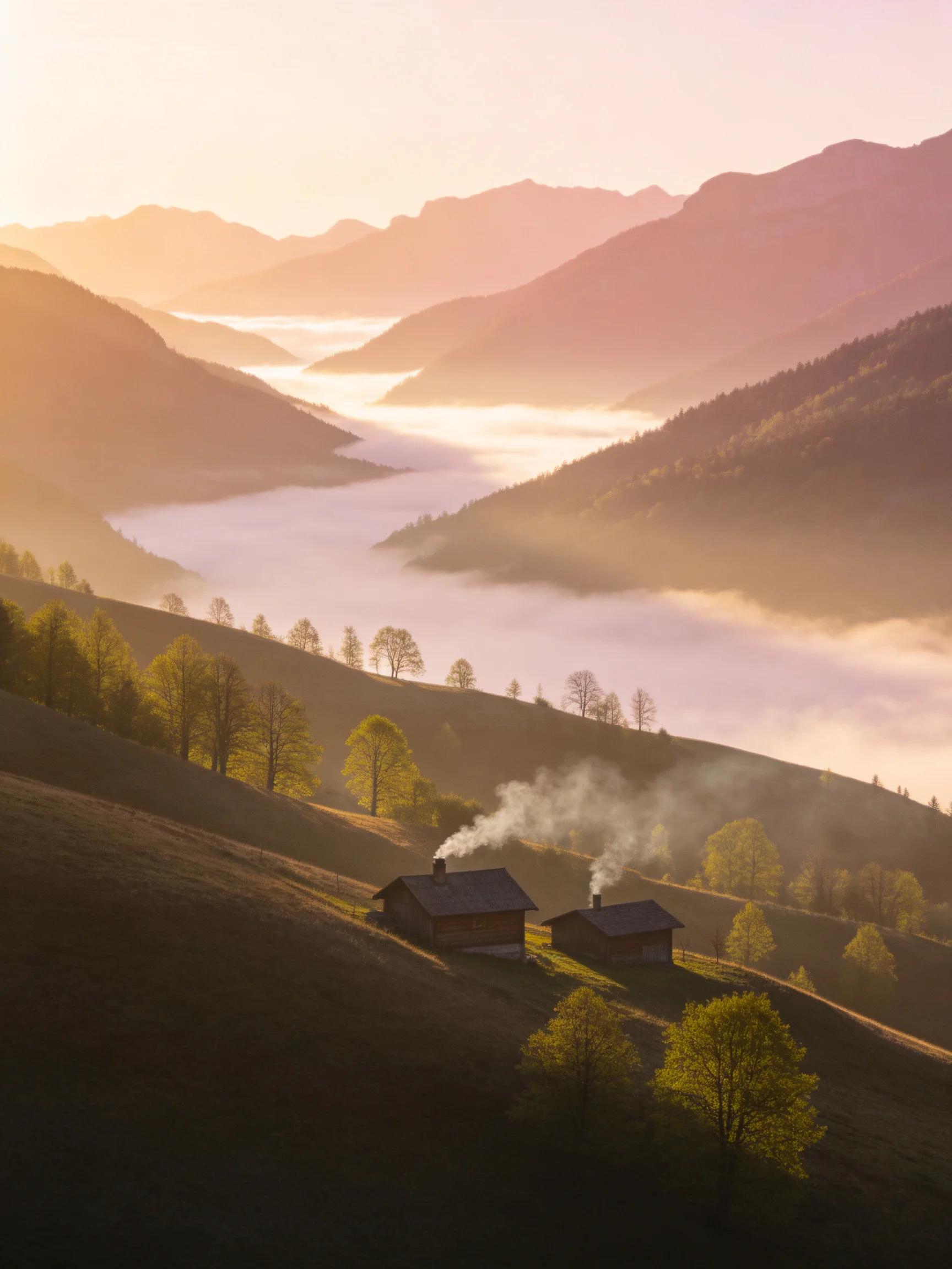Misty Mountain Valley Sunrise with Wooden Cabins