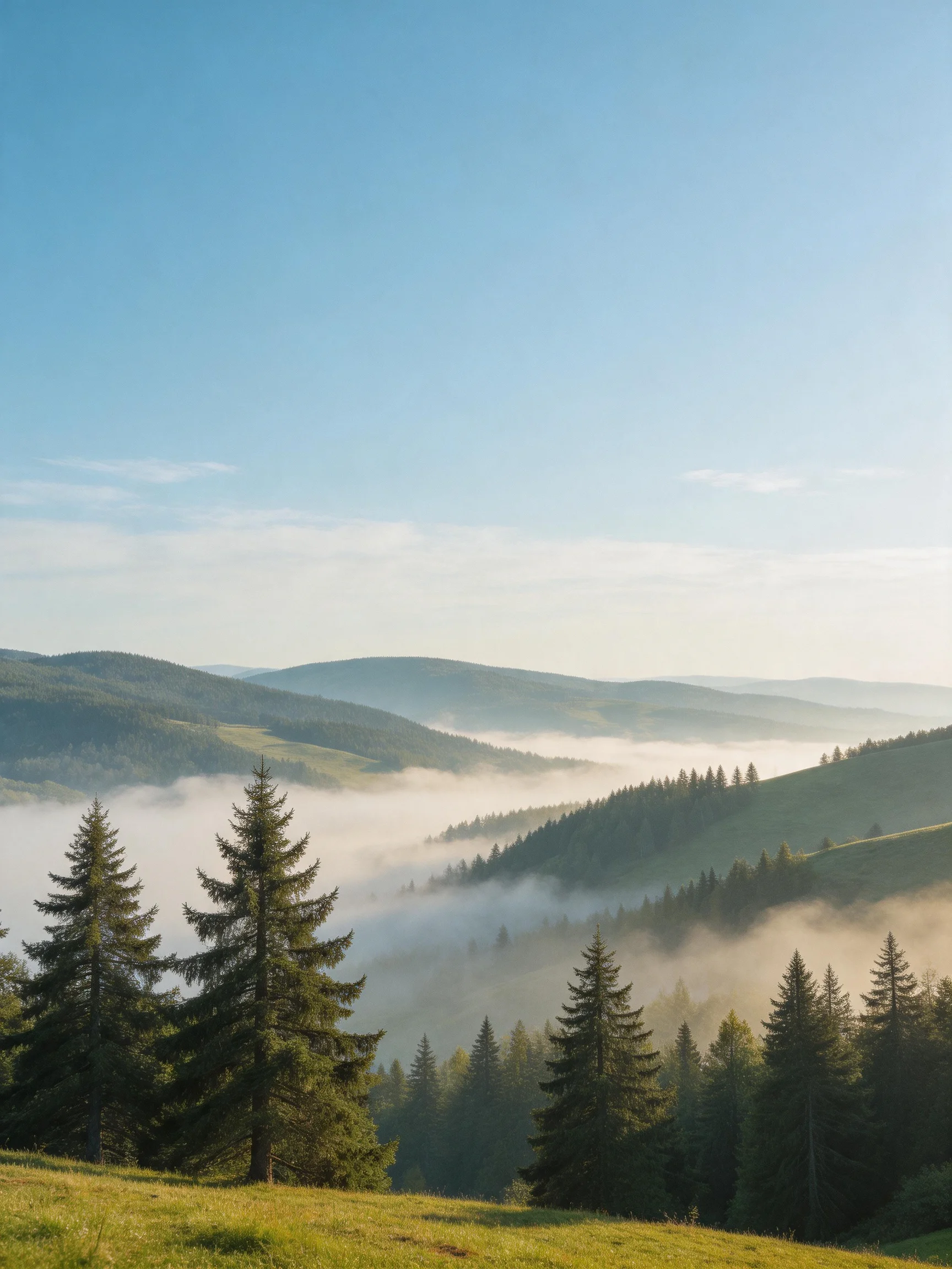 Misty Mountain Valley with Evergreen Trees and Rolling Hills